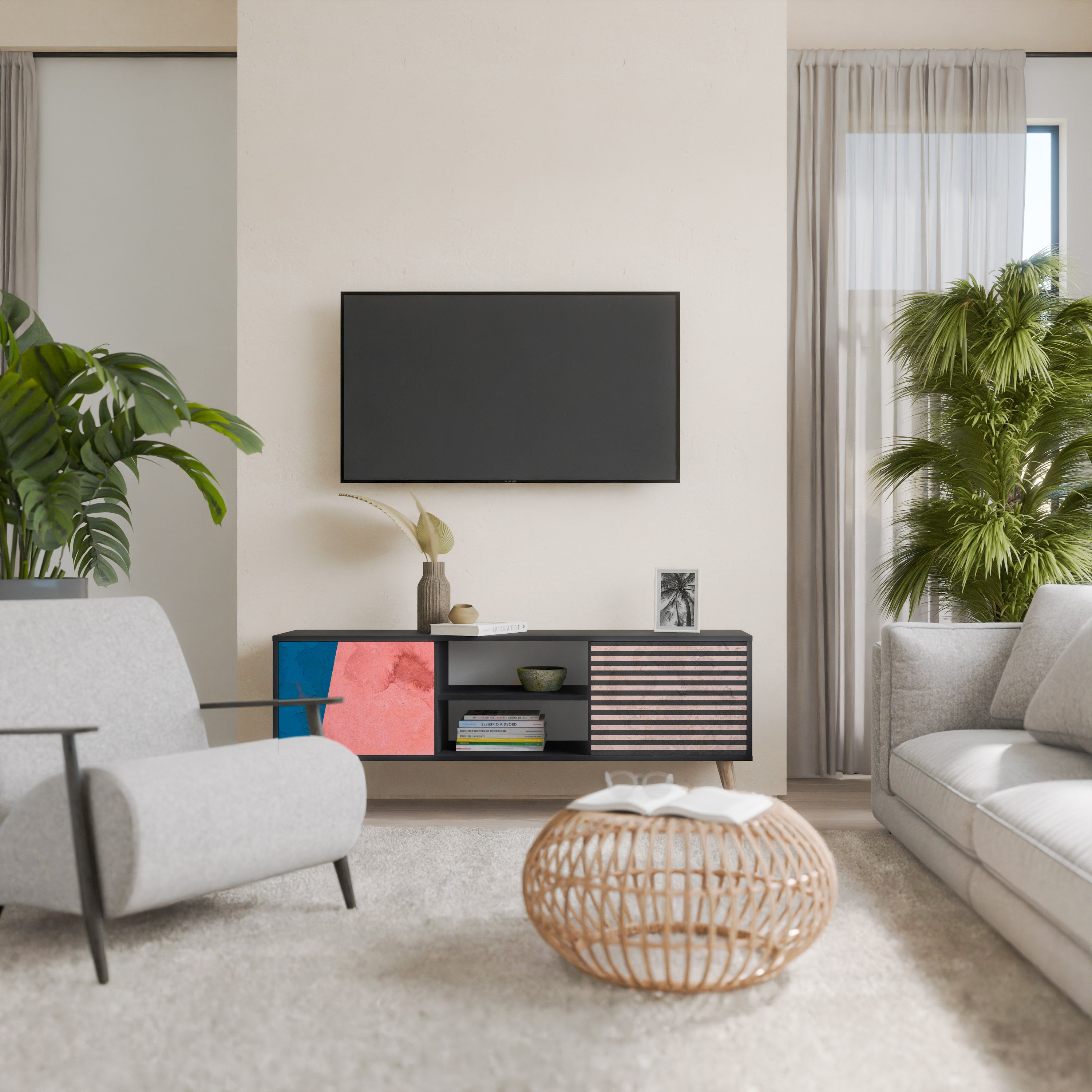 Mueble de TV GLAMOROUS STRIPE de 2 puertas con acabado negro