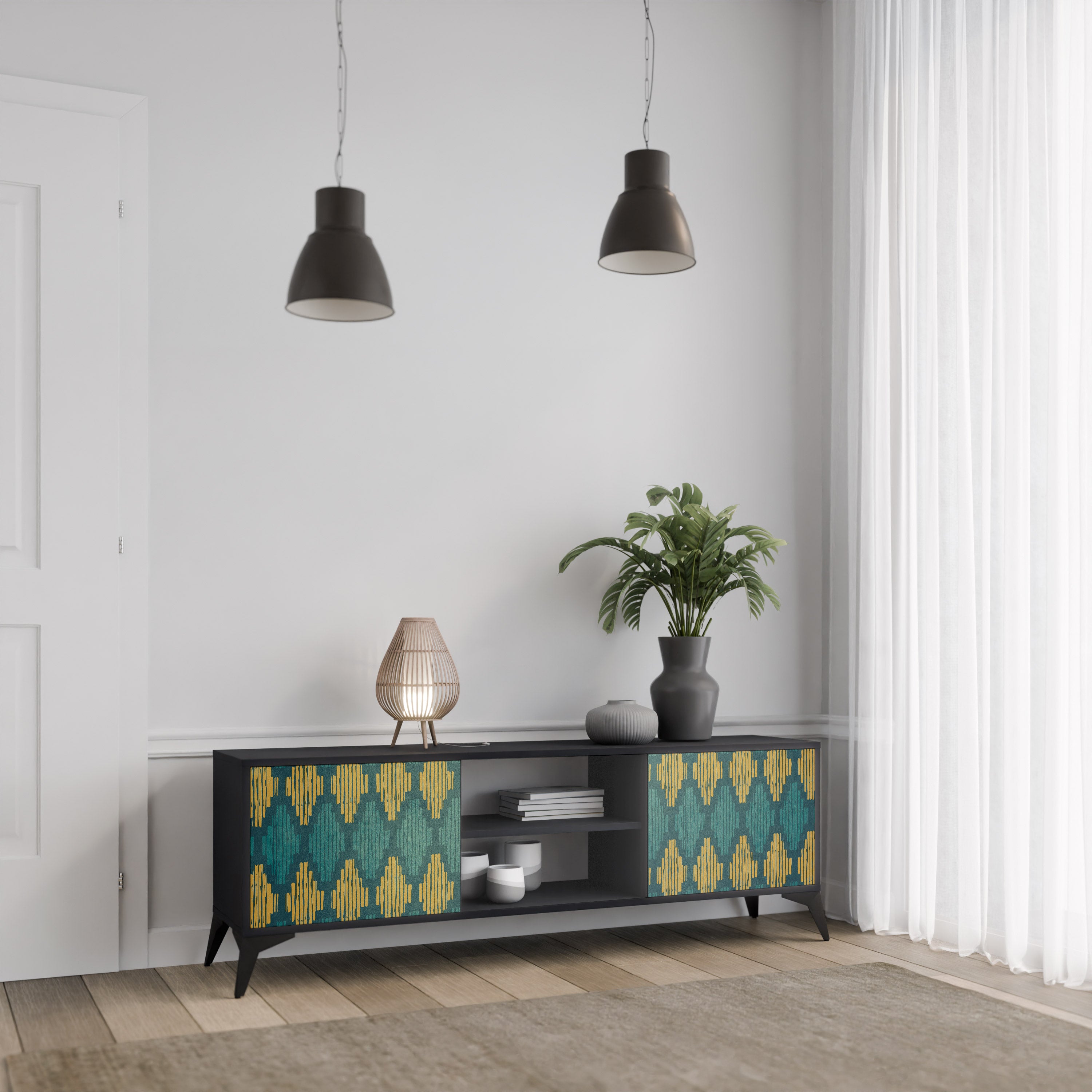 Mueble de TV de 2 puertas POLYGONS con acabado negro