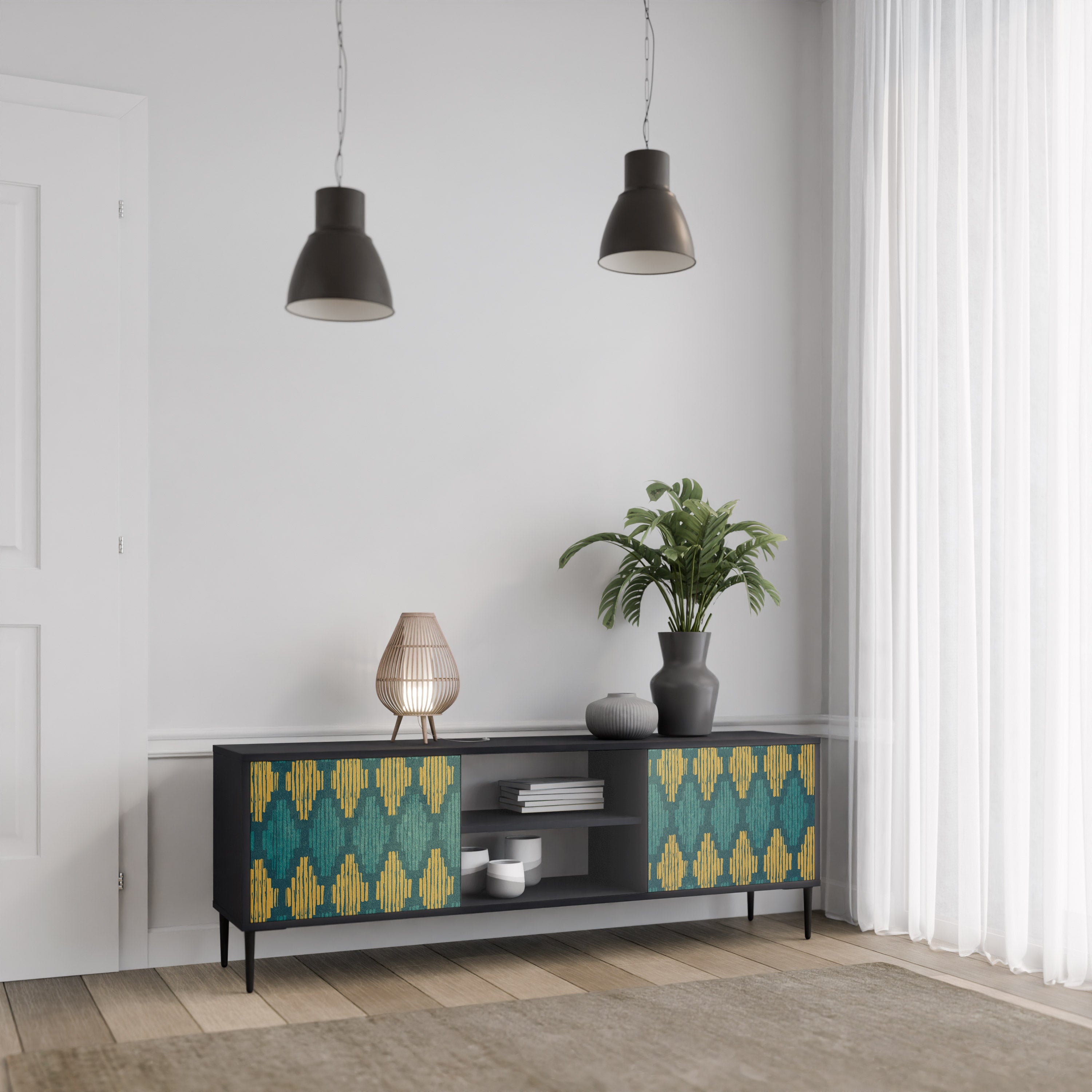 Mueble de TV de 2 puertas POLYGONS con acabado negro