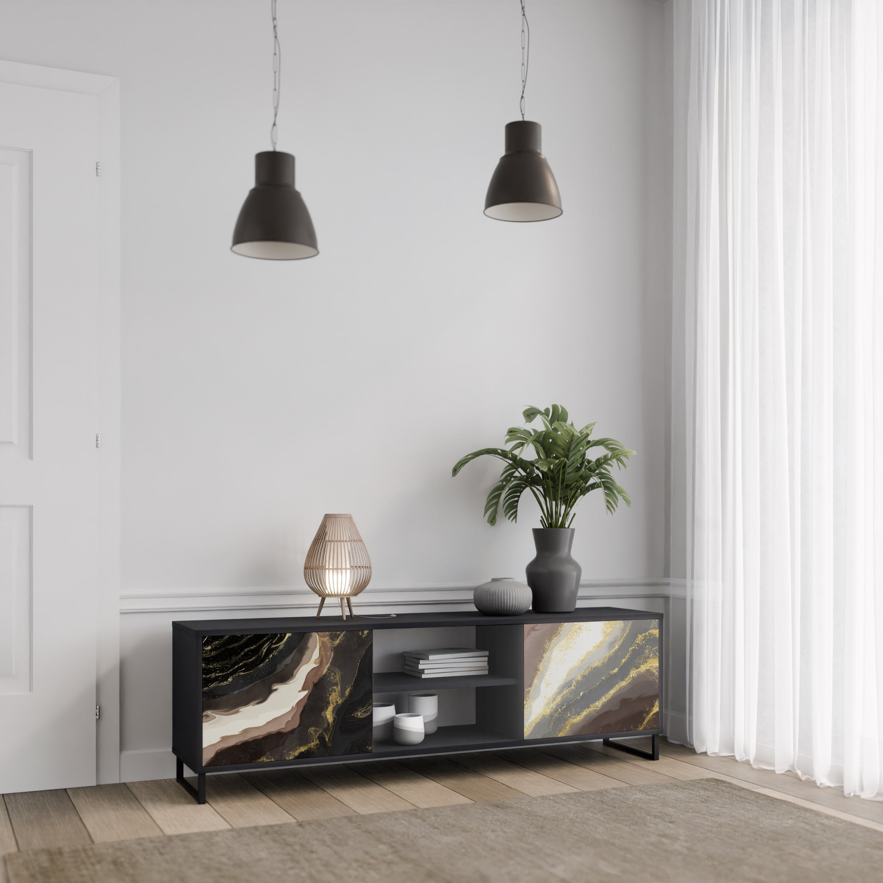 Mueble de TV de 2 puertas GOLD DUST con acabado negro