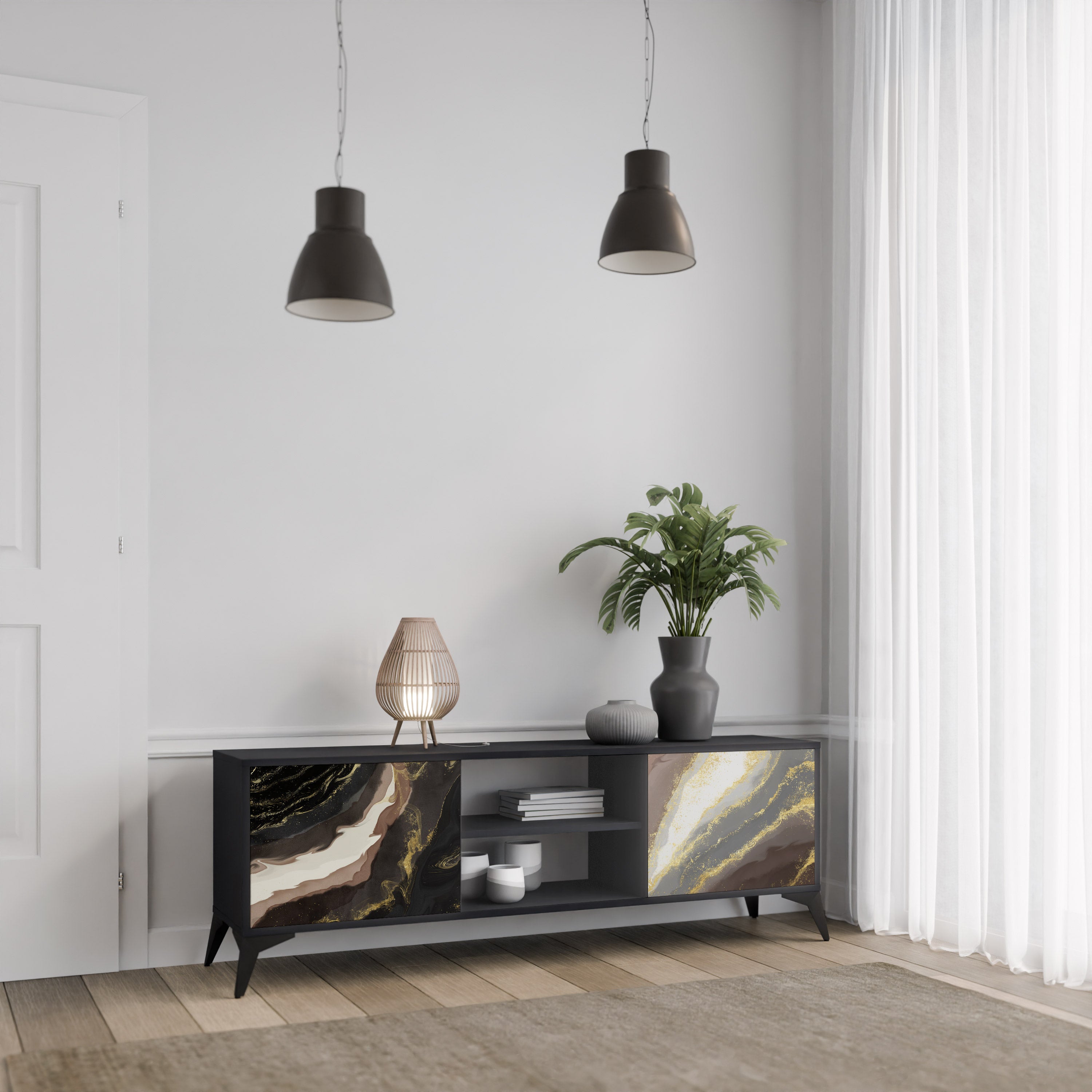 Mueble de TV de 2 puertas GOLD DUST con acabado negro