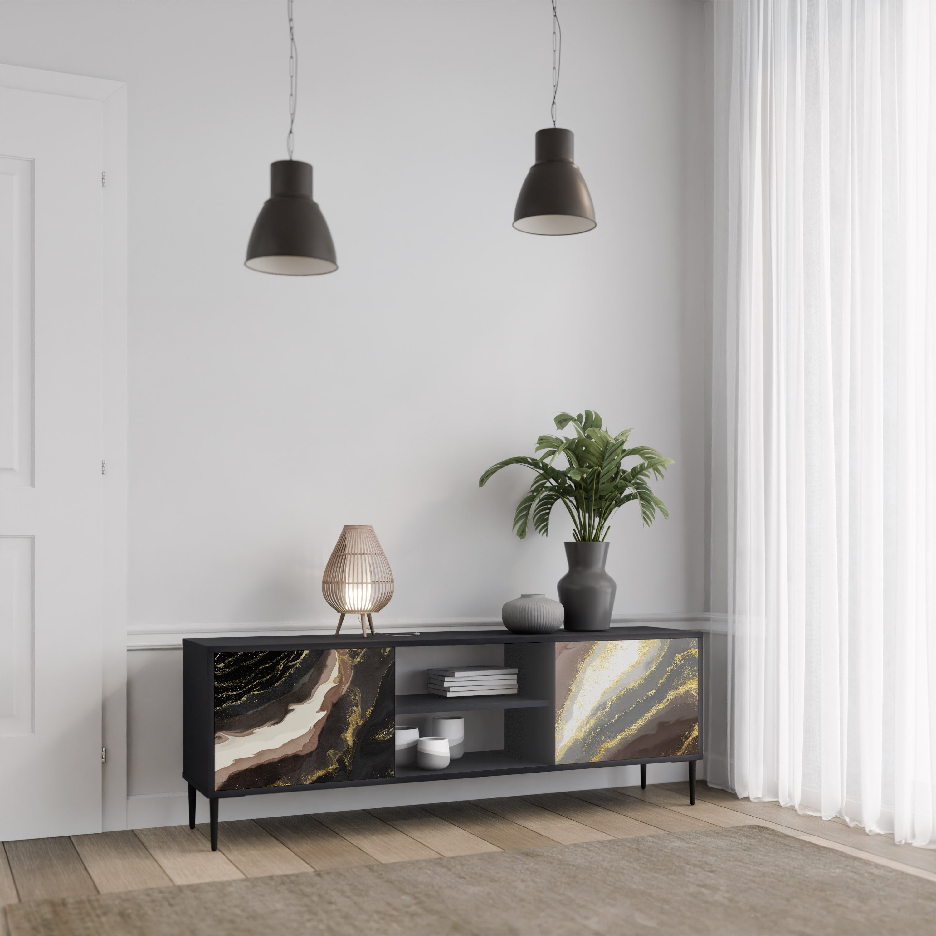 Mueble de TV de 2 puertas GOLD DUST con acabado negro