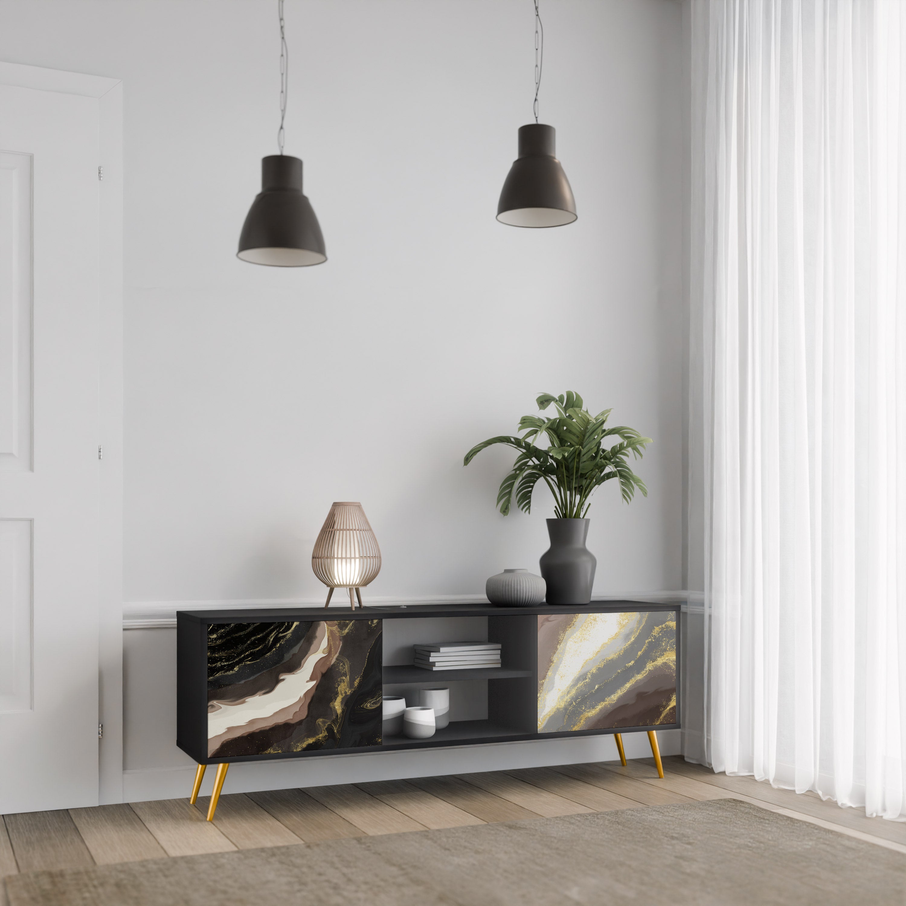 Mueble de TV de 2 puertas GOLD DUST con acabado negro