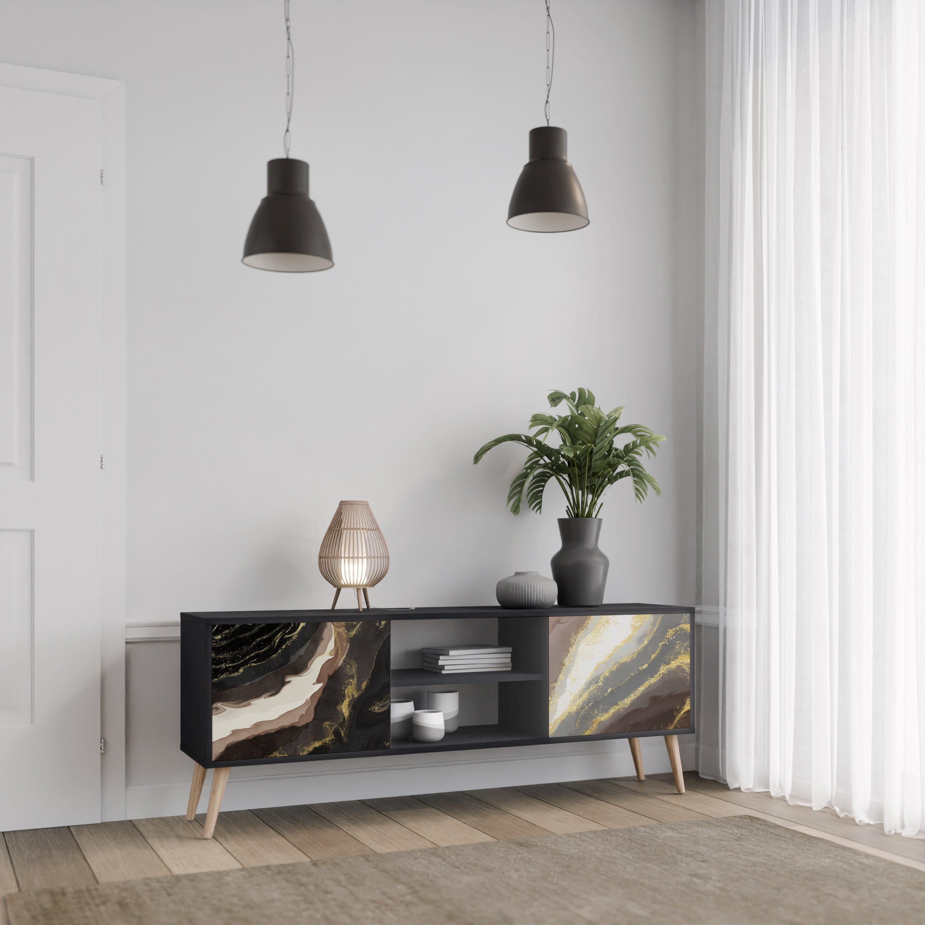 Mueble de TV de 2 puertas GOLD DUST con acabado negro