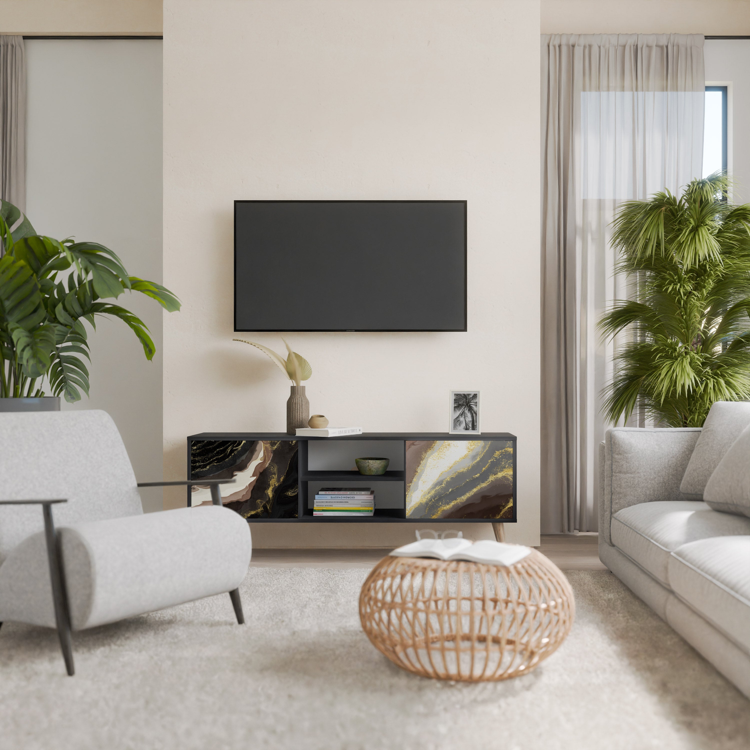 Mueble de TV de 2 puertas GOLD DUST con acabado negro