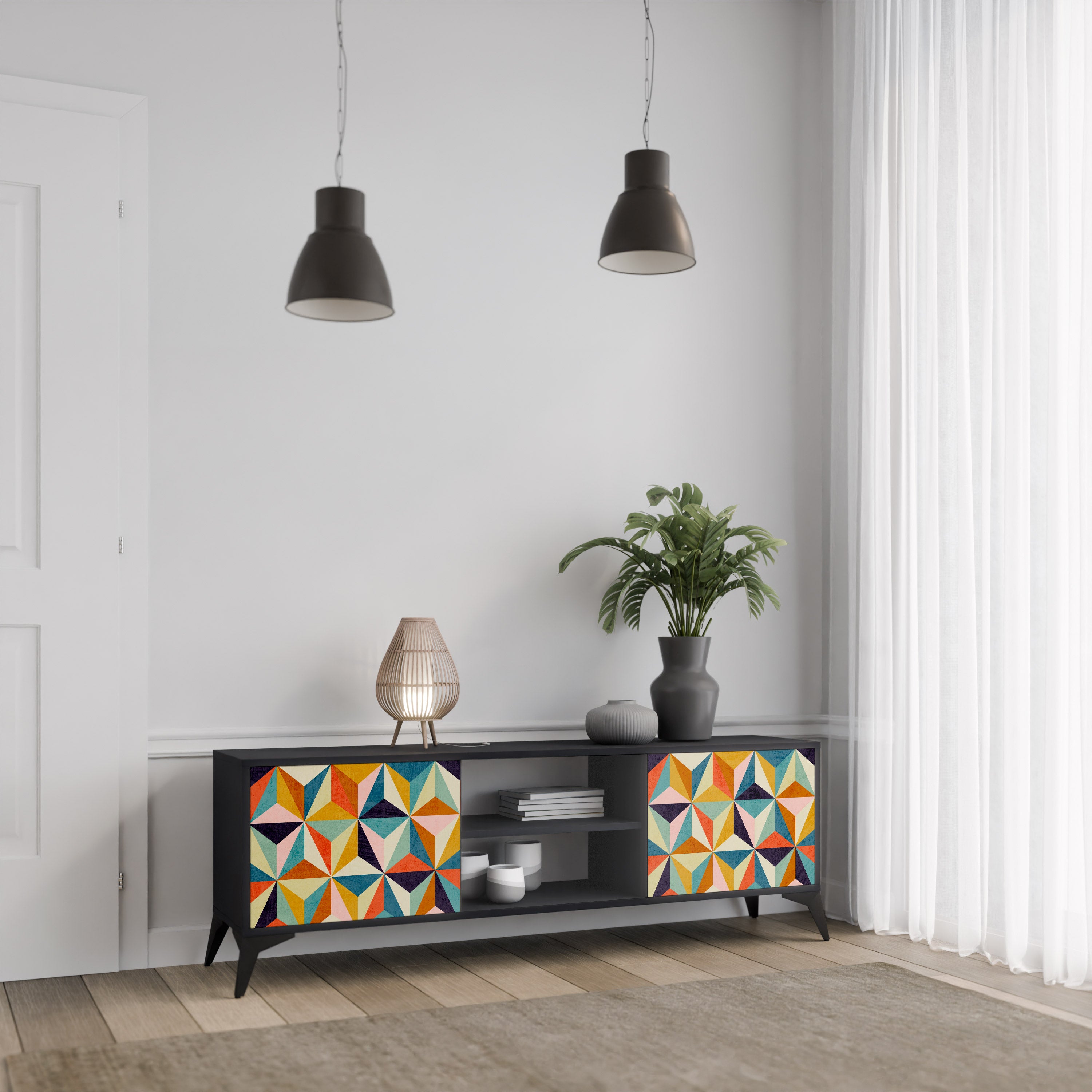 Mueble de TV de 2 puertas TESSELATE TREASURES con acabado negro