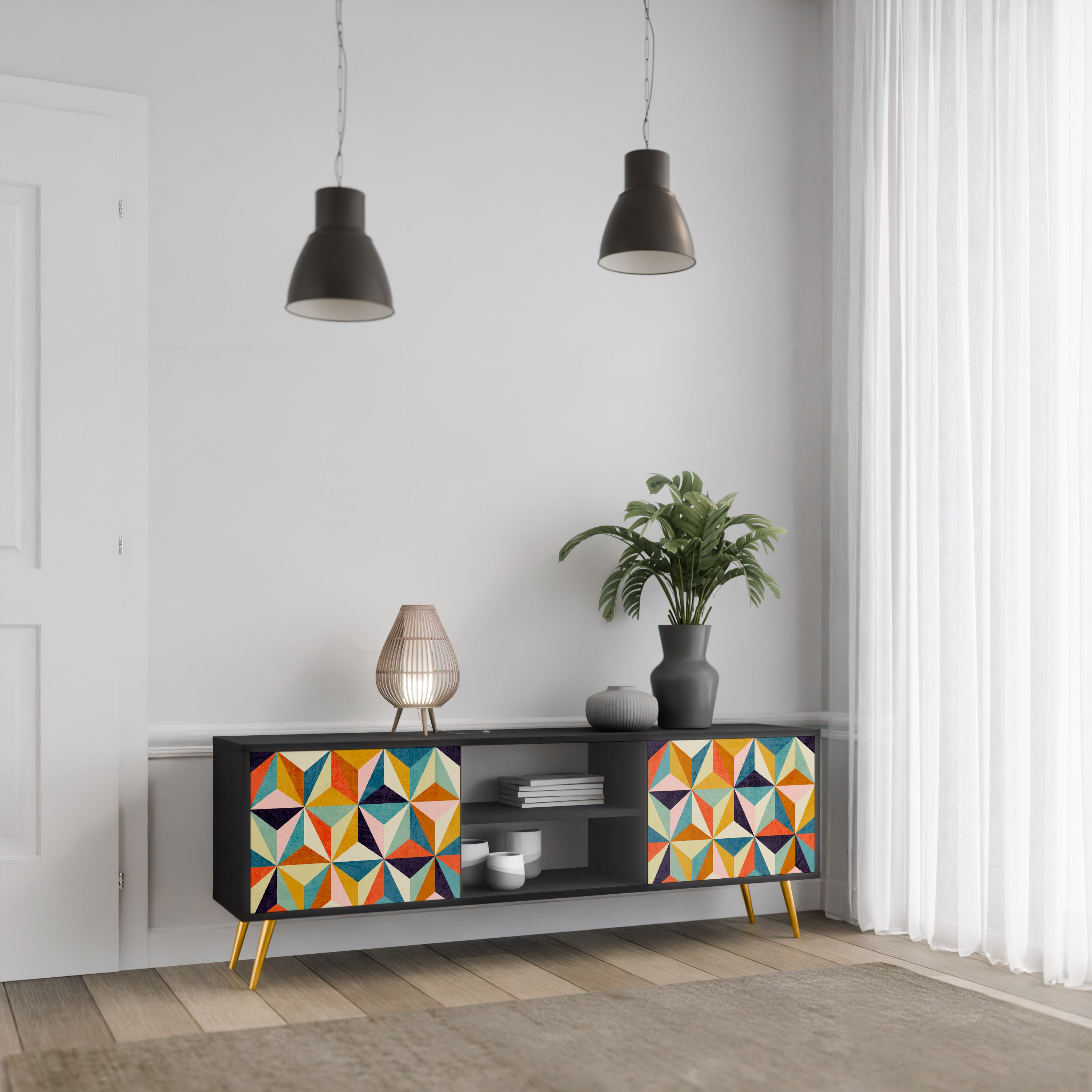 Mueble de TV de 2 puertas TESSELATE TREASURES con acabado negro