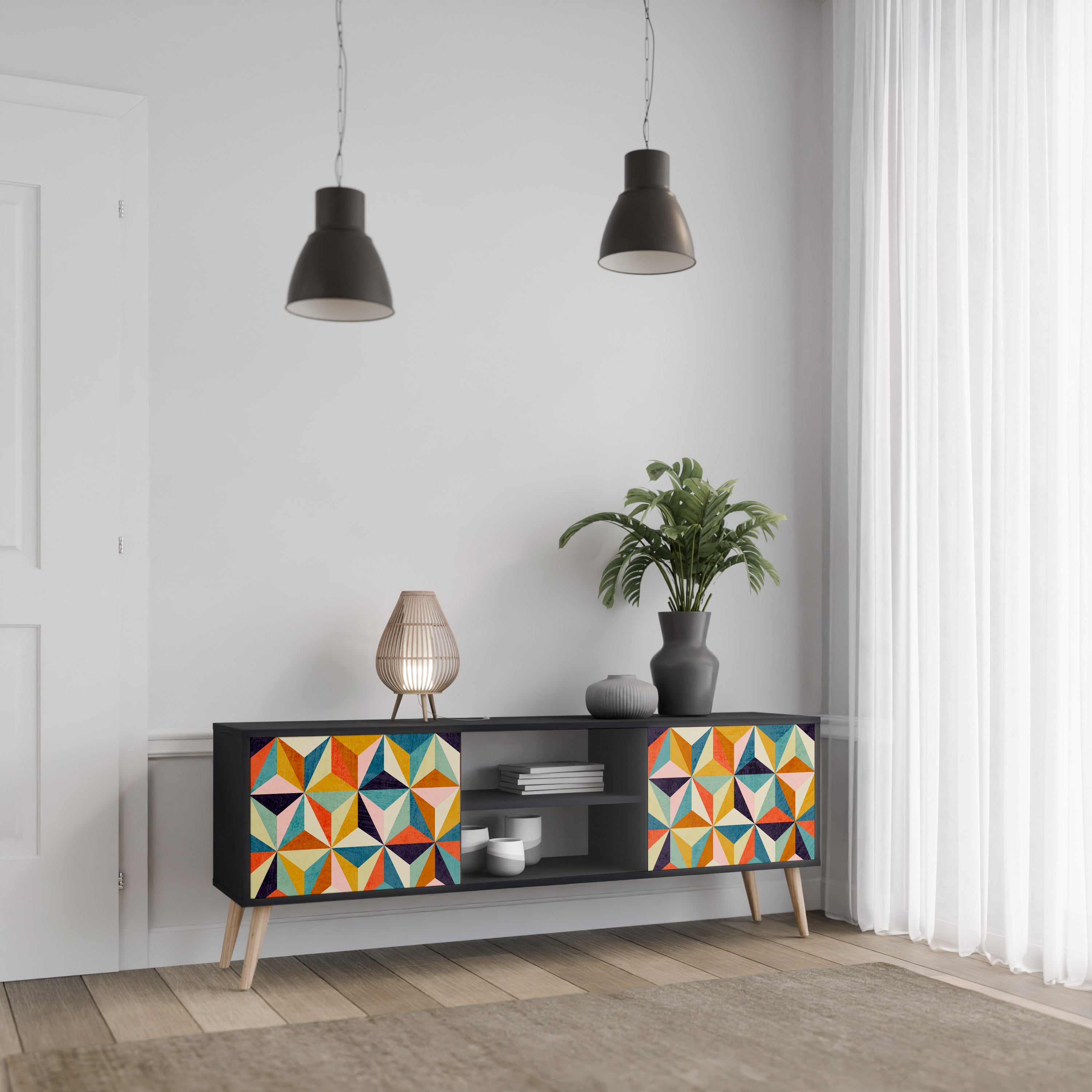 Mueble de TV de 2 puertas TESSELATE TREASURES con acabado negro
