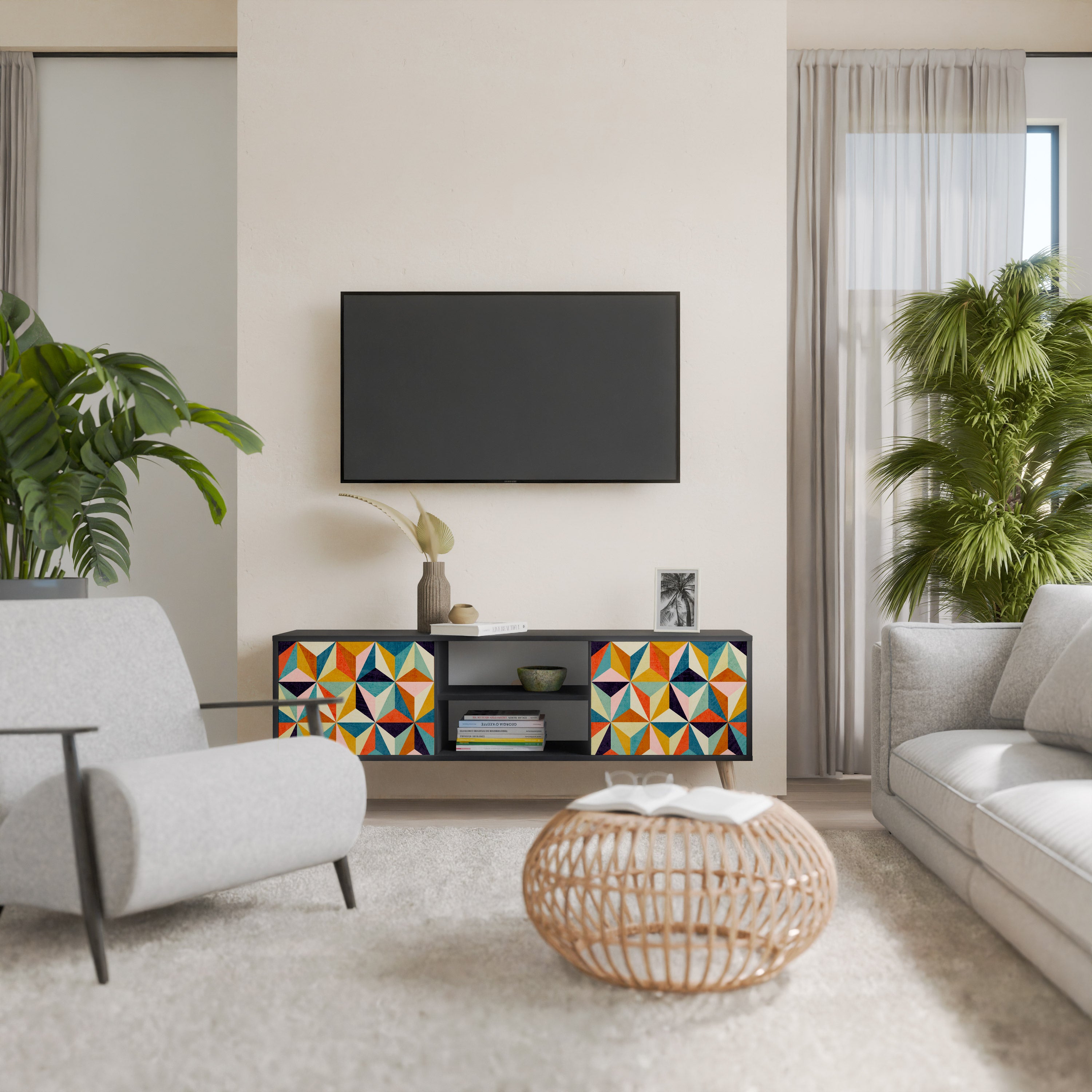 Mueble de TV de 2 puertas TESSELATE TREASURES con acabado negro