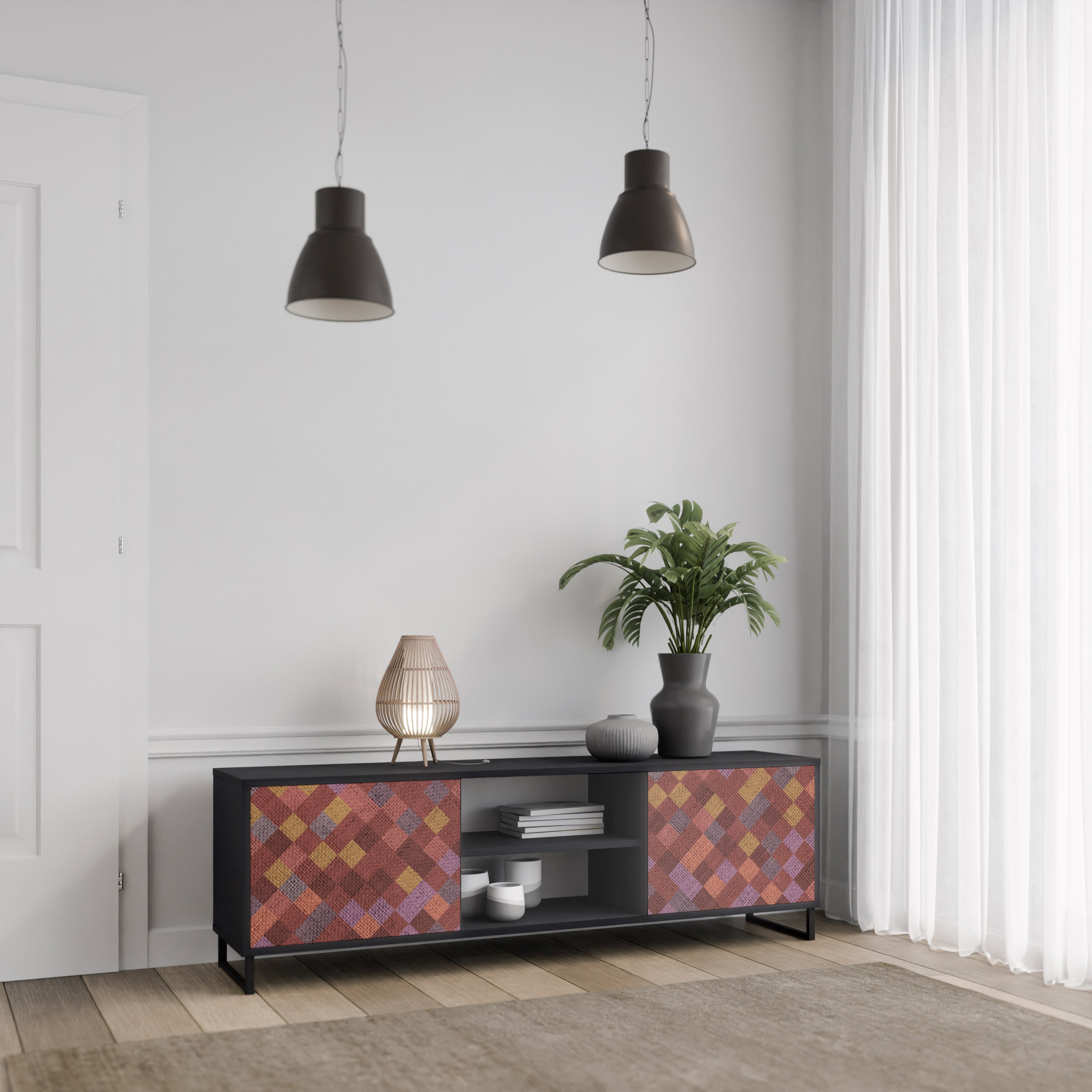 Mueble de TV de 2 puertas PAINTED SQUARES en acabado negro