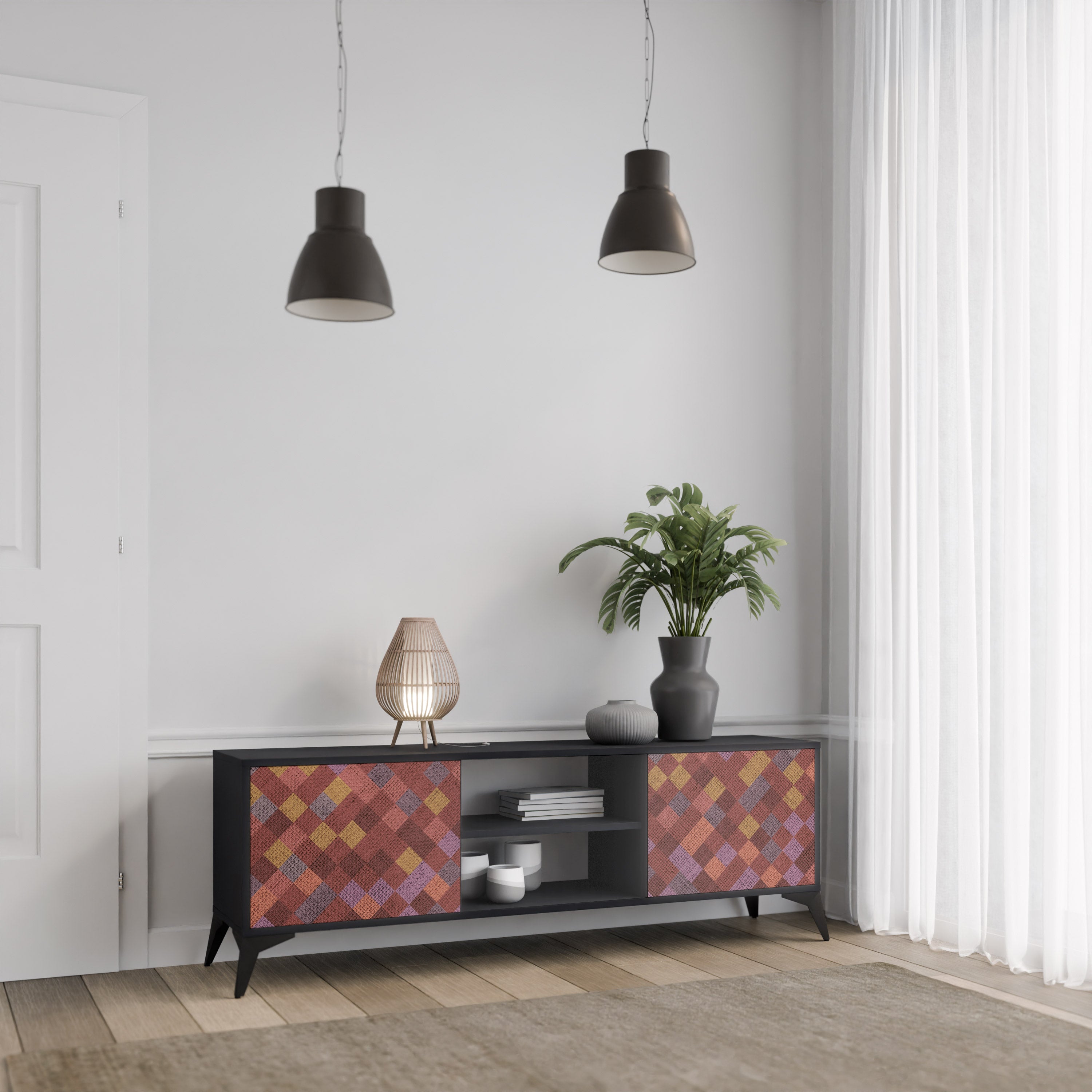 Mueble de TV de 2 puertas PAINTED SQUARES en acabado negro