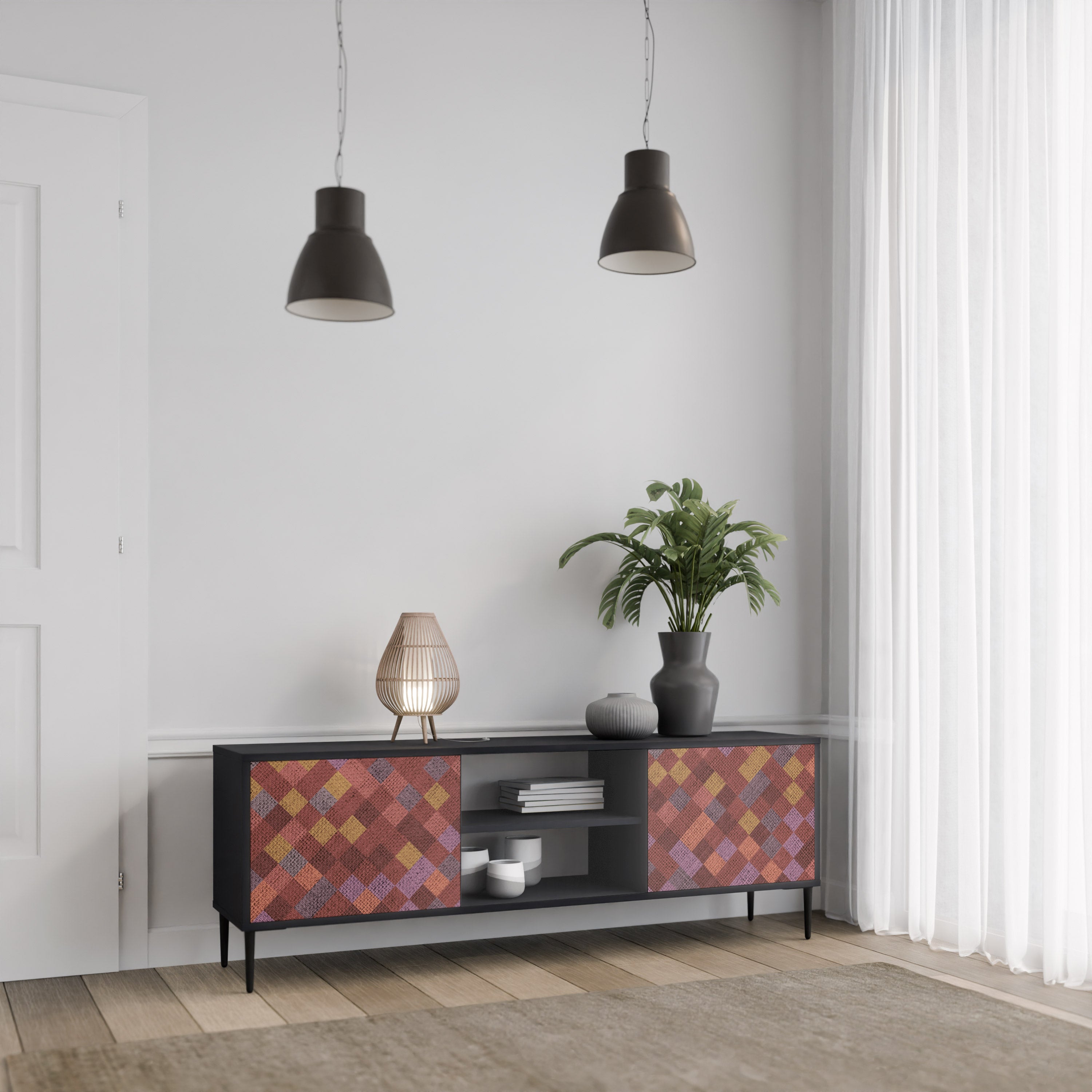 Mueble de TV de 2 puertas PAINTED SQUARES en acabado negro