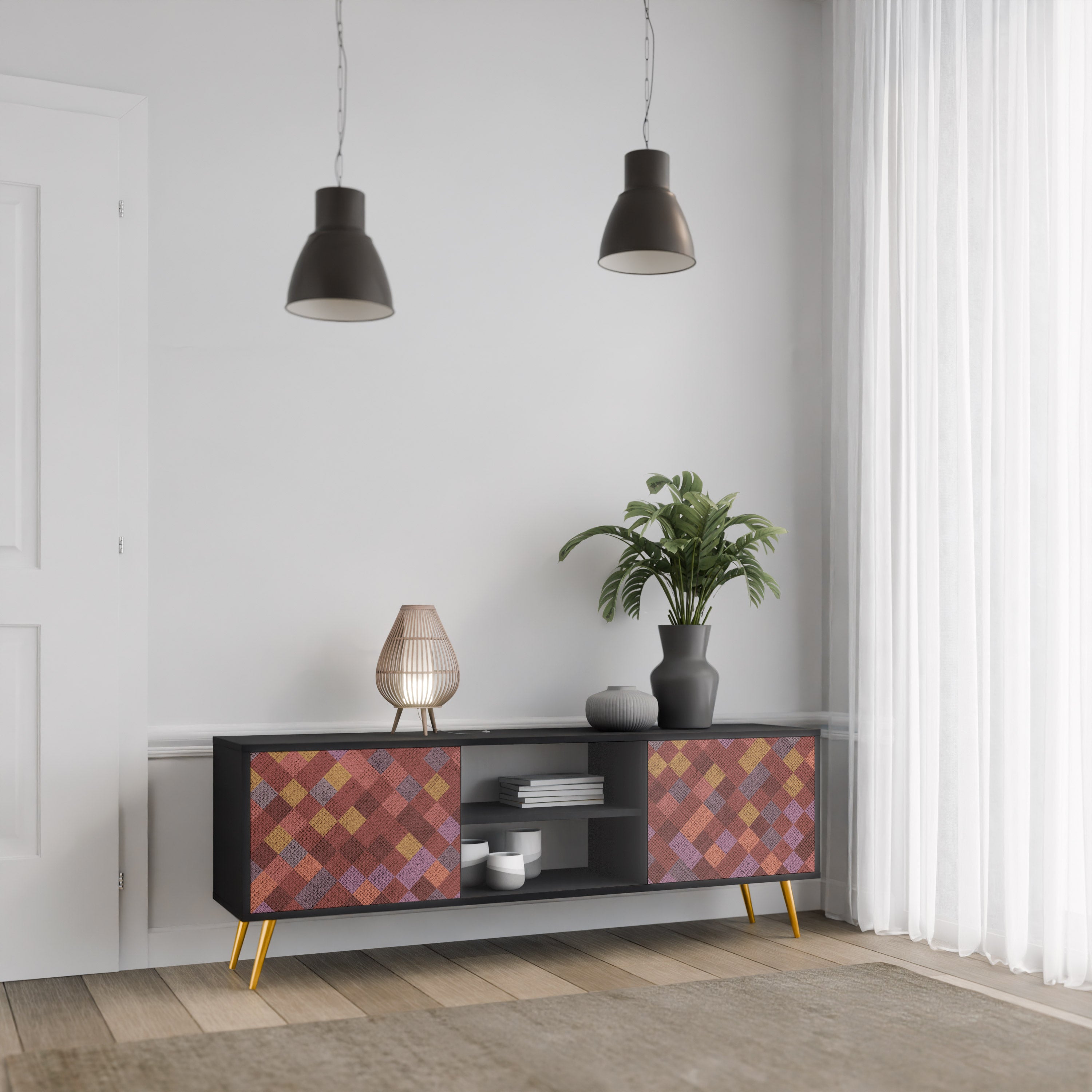 Mueble de TV de 2 puertas PAINTED SQUARES en acabado negro