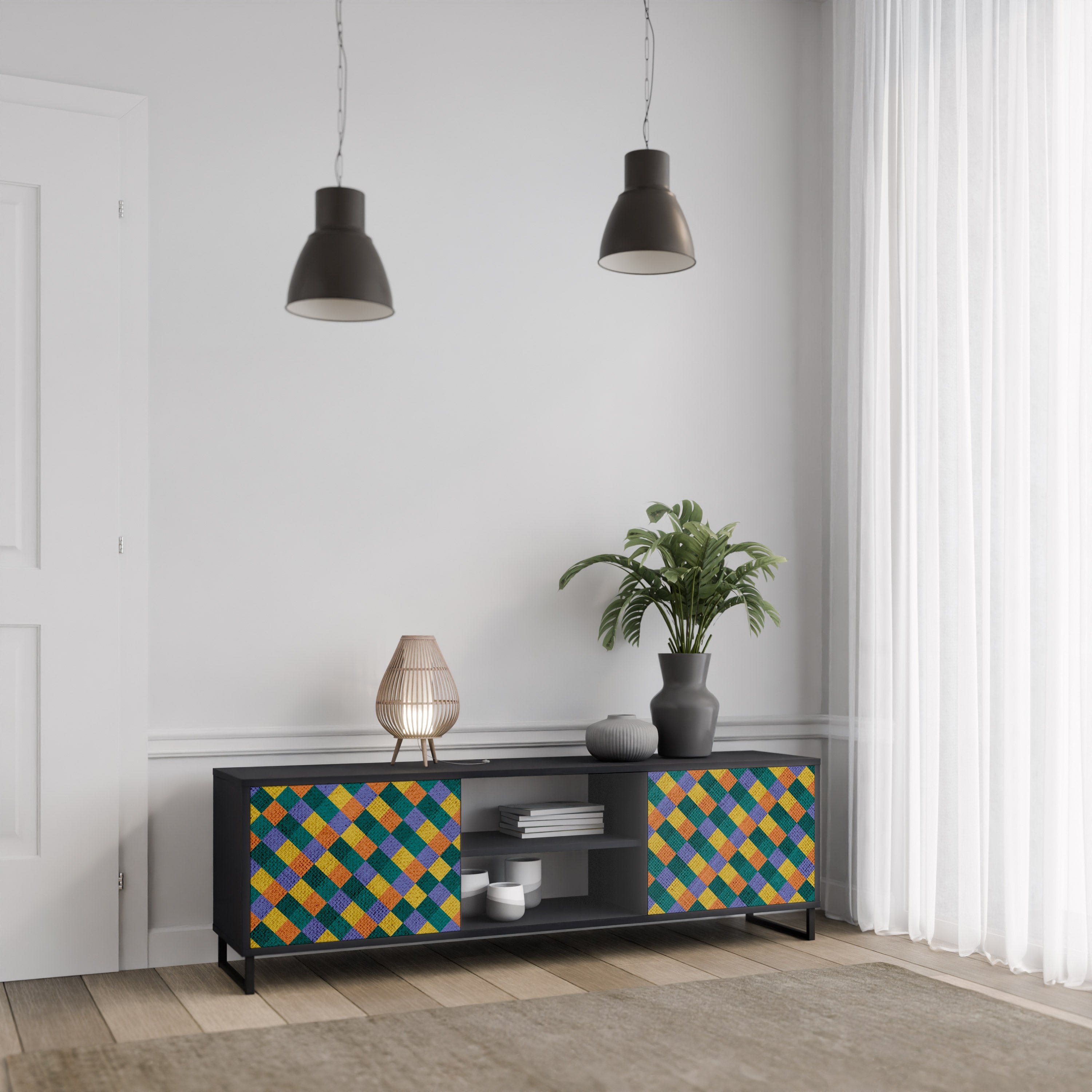 Mueble de TV de 2 puertas con acabado negro PAINTED SQUARES MIX