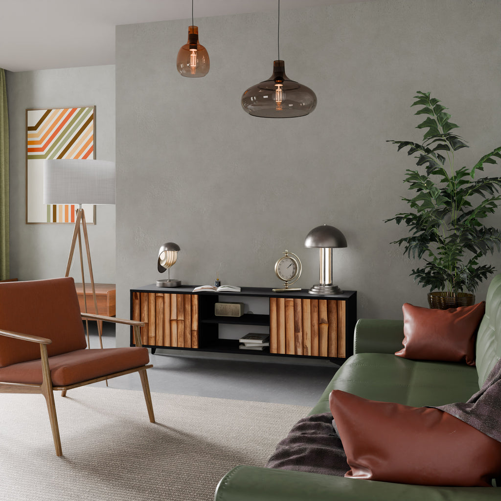 Mueble de TV de 2 puertas de madera natural con acabado negro