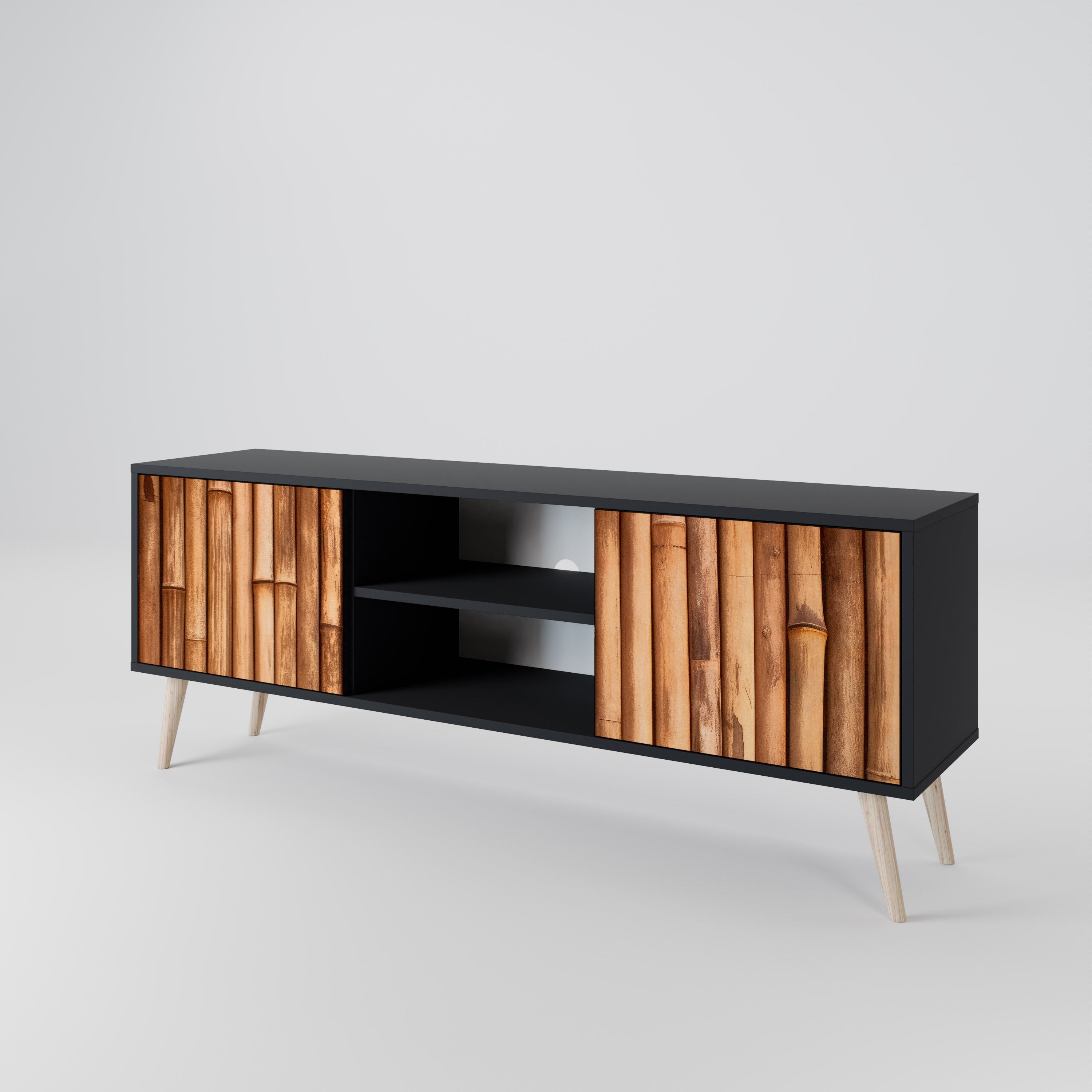 Mueble de TV de 2 puertas de madera natural con acabado negro