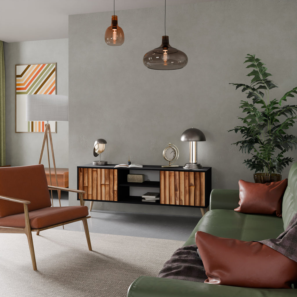 Mueble de TV de 2 puertas de madera natural con acabado negro