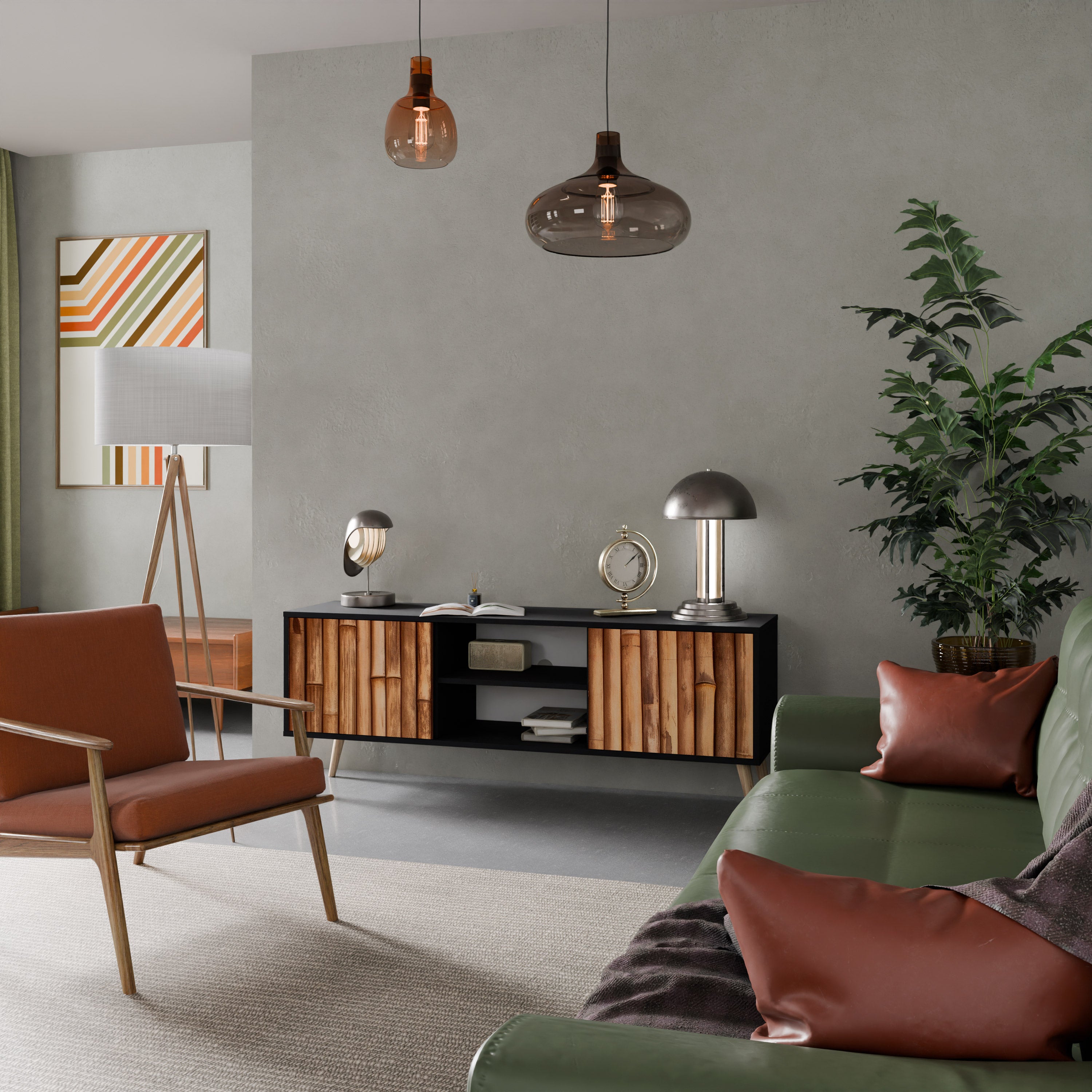 Mueble de TV de 2 puertas de madera natural con acabado negro