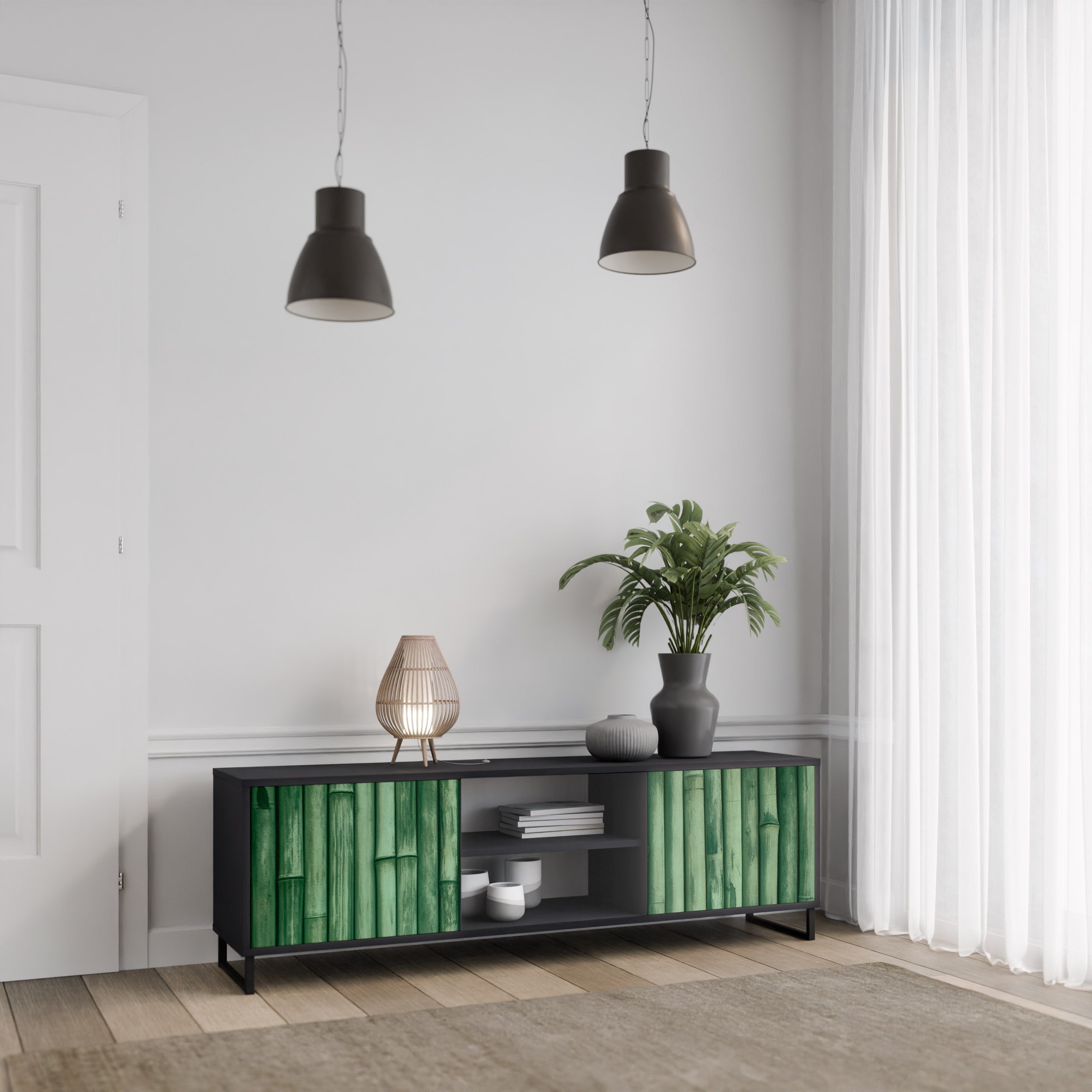 Mueble de TV de 2 puertas NATURAL GREEN con acabado negro