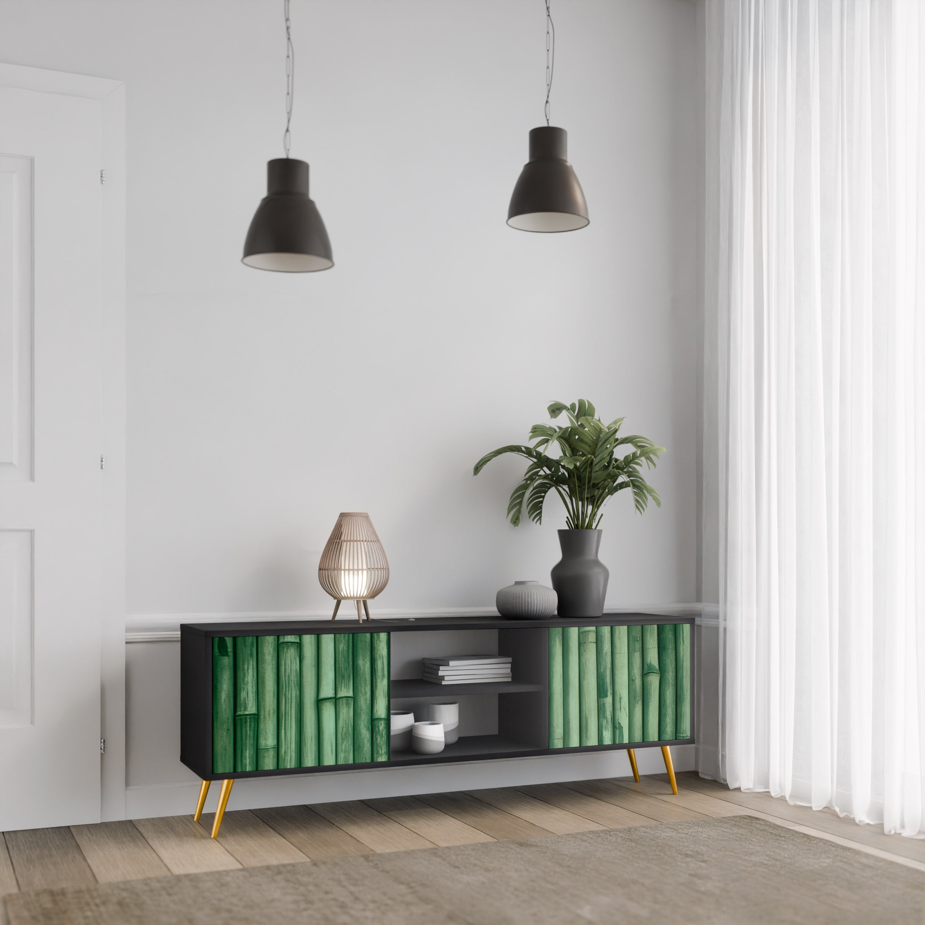 Mueble de TV de 2 puertas NATURAL GREEN con acabado negro