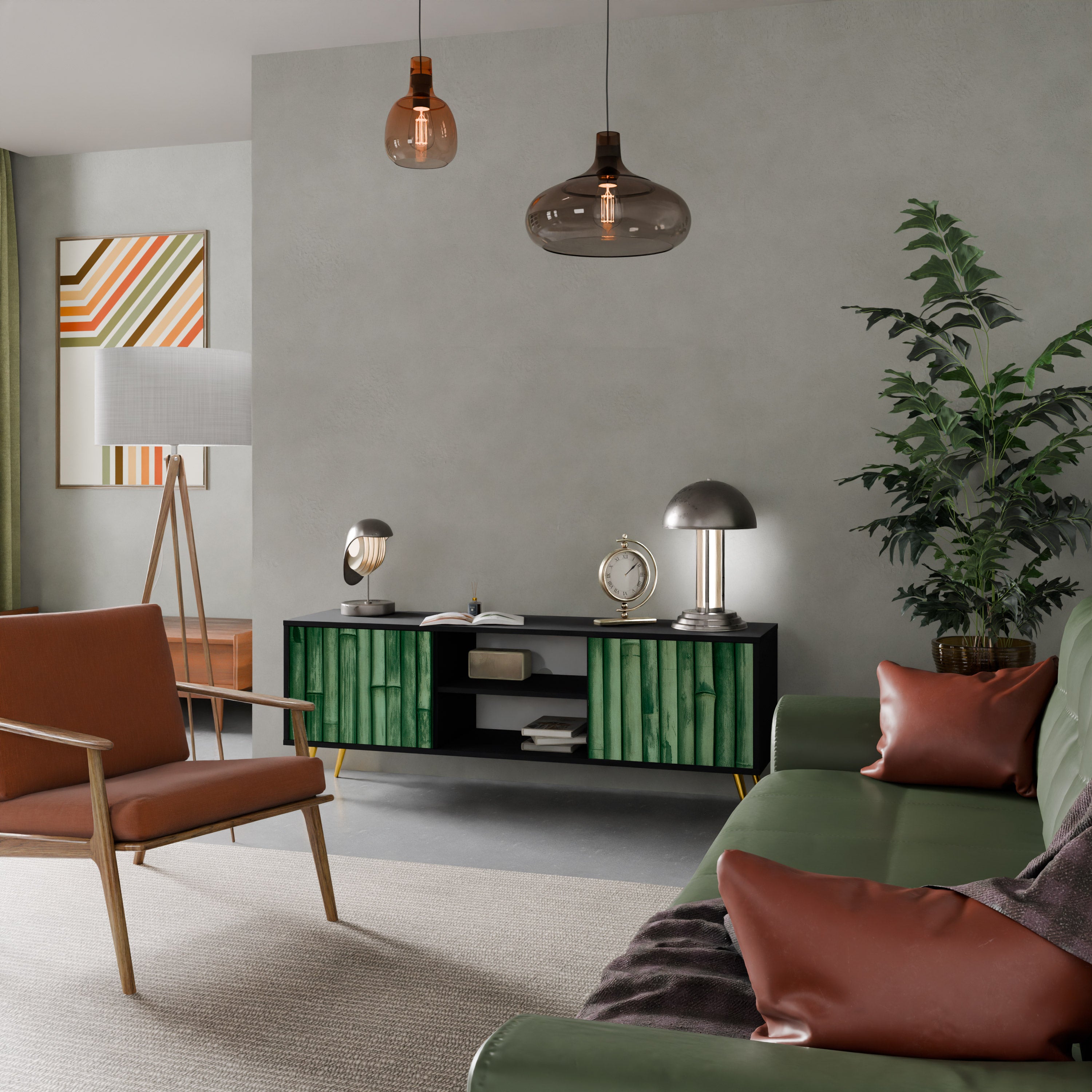 Mueble de TV de 2 puertas NATURAL GREEN con acabado negro