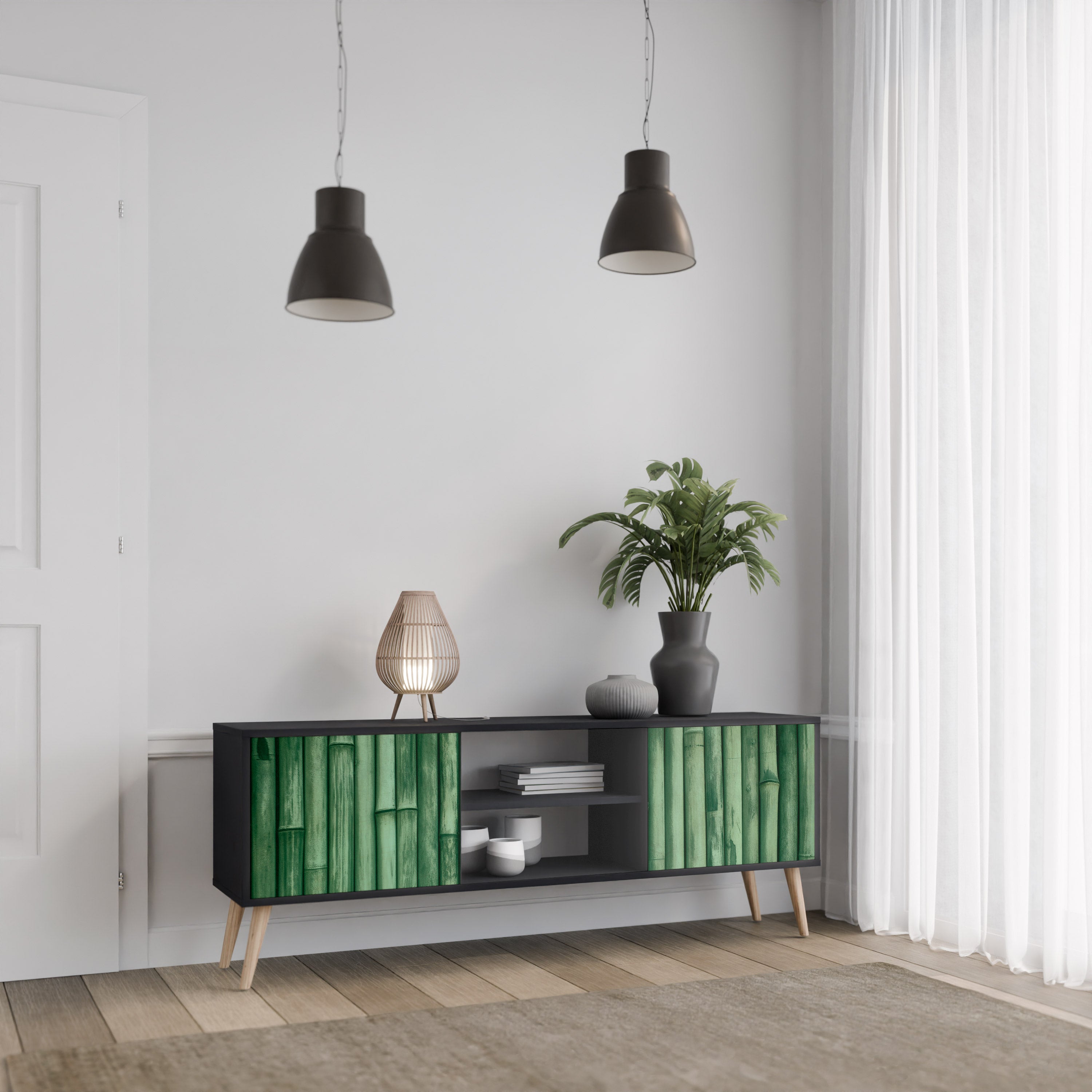 Mueble de TV de 2 puertas NATURAL GREEN con acabado negro