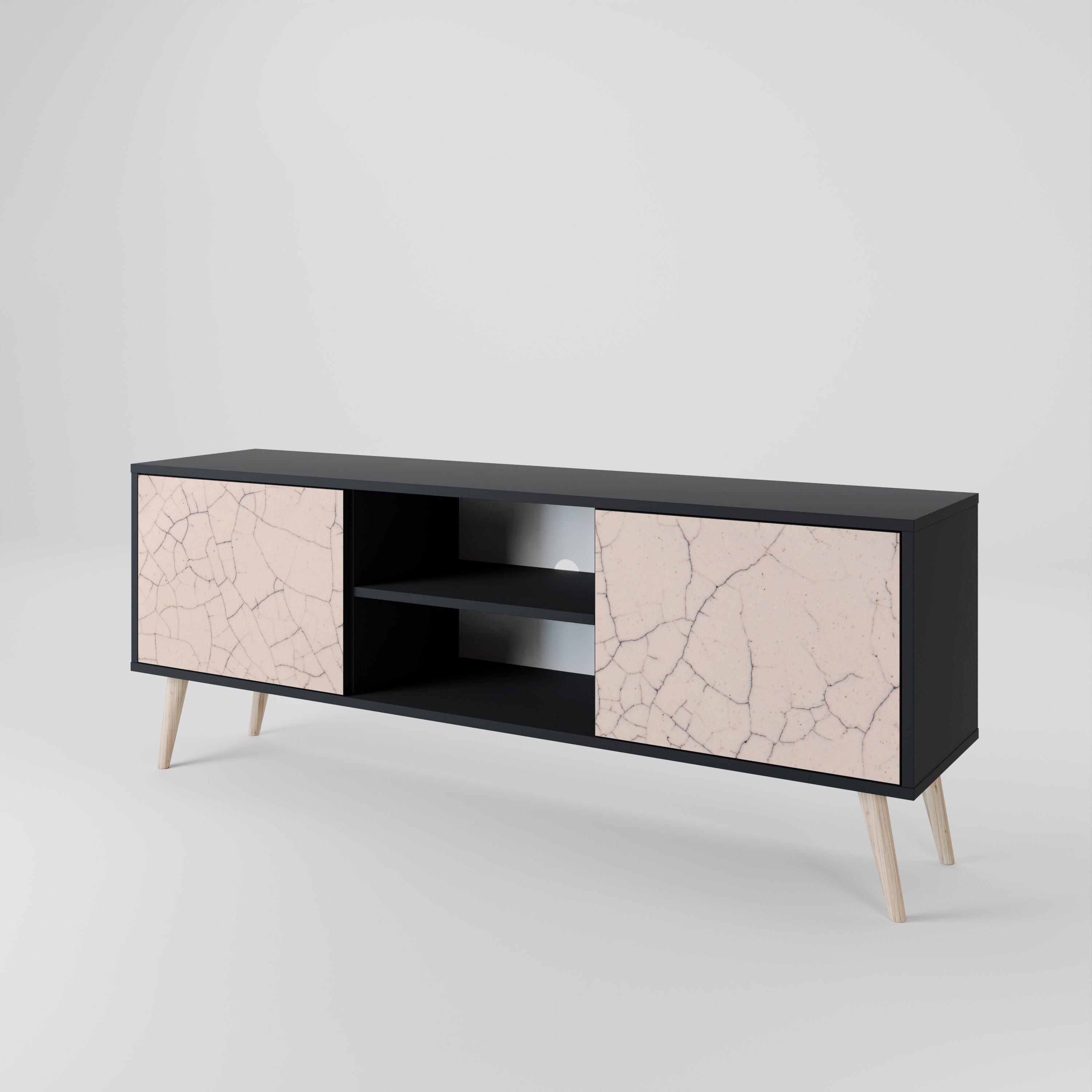 Mueble de TV de 2 puertas con textura cerámica en acabado negro
