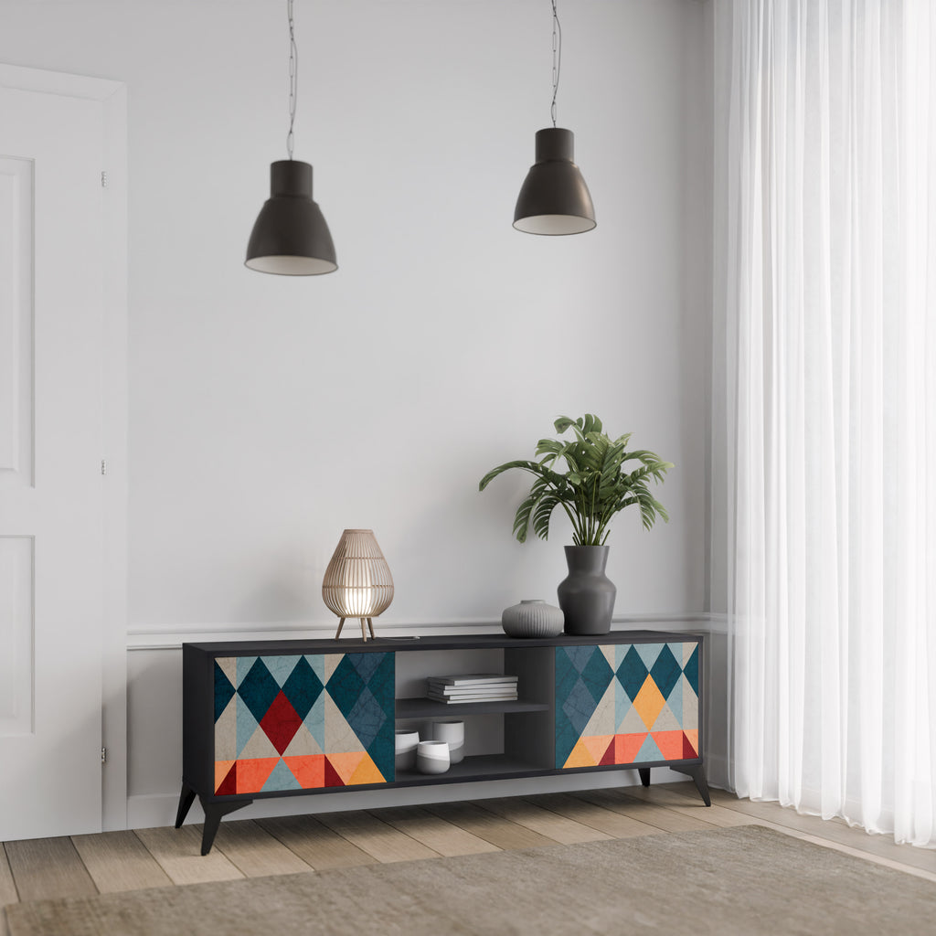 Mueble de TV de 2 puertas CRACKED ILLUSION con acabado negro