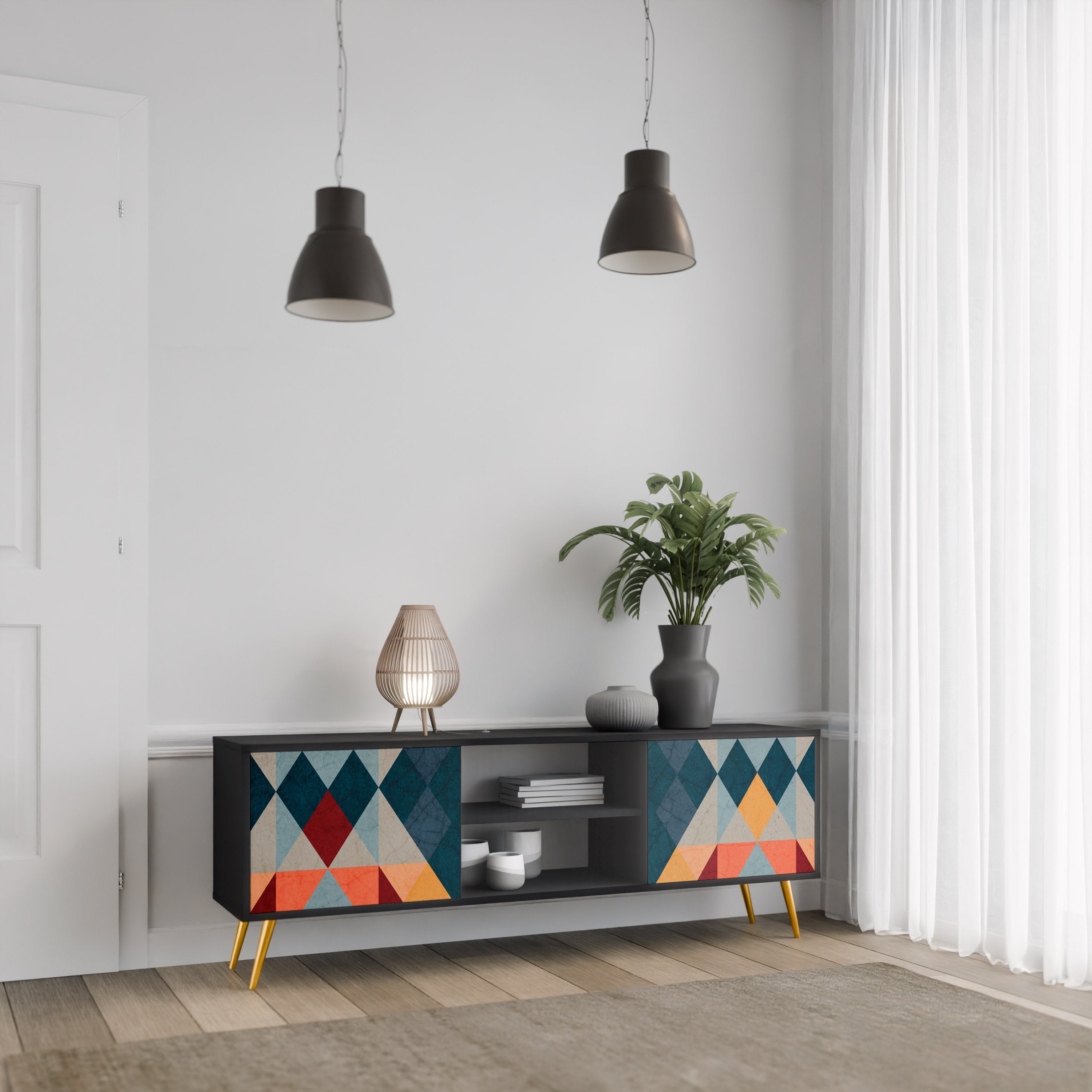 Mueble de TV de 2 puertas CRACKED ILLUSION con acabado negro