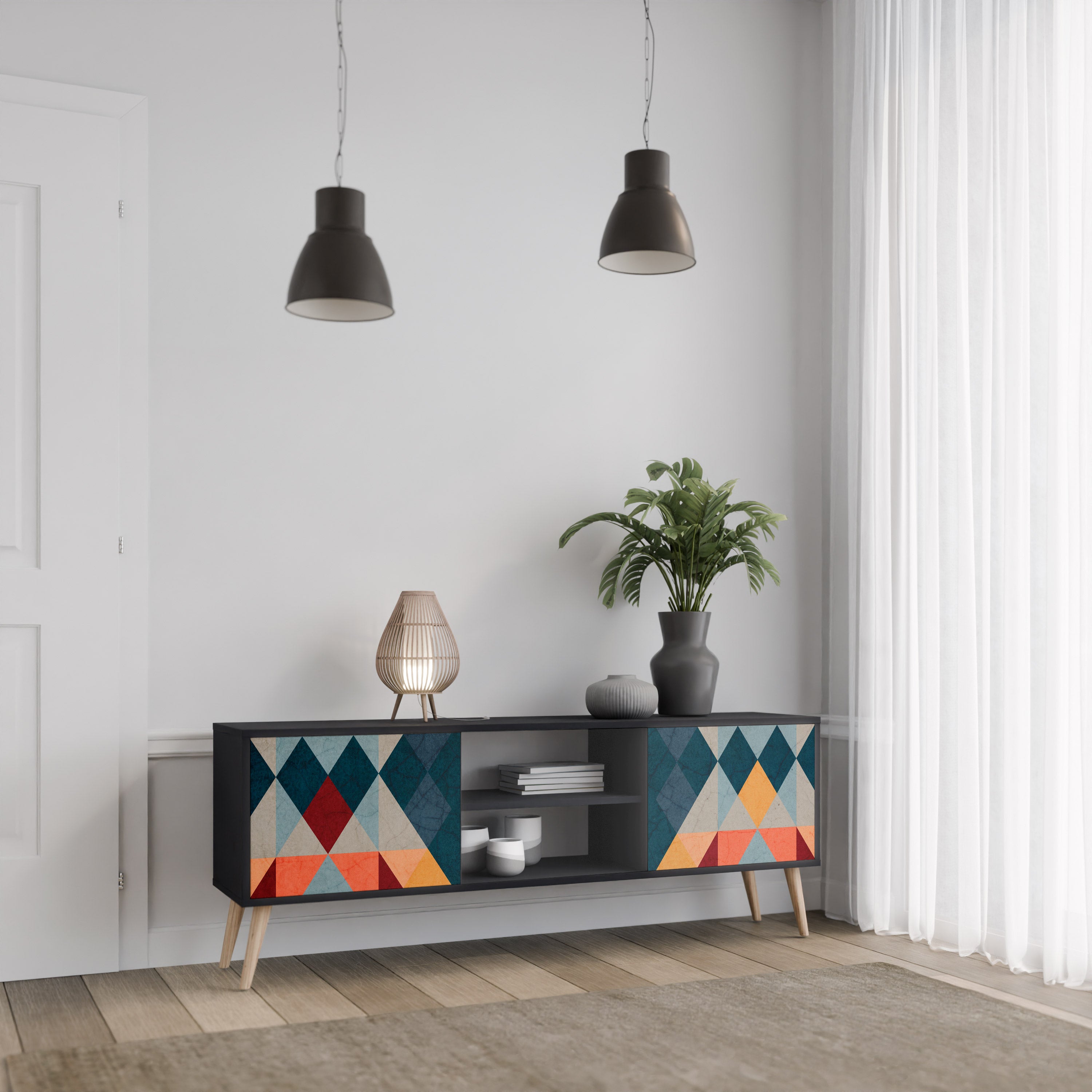 Mueble de TV de 2 puertas CRACKED ILLUSION con acabado negro