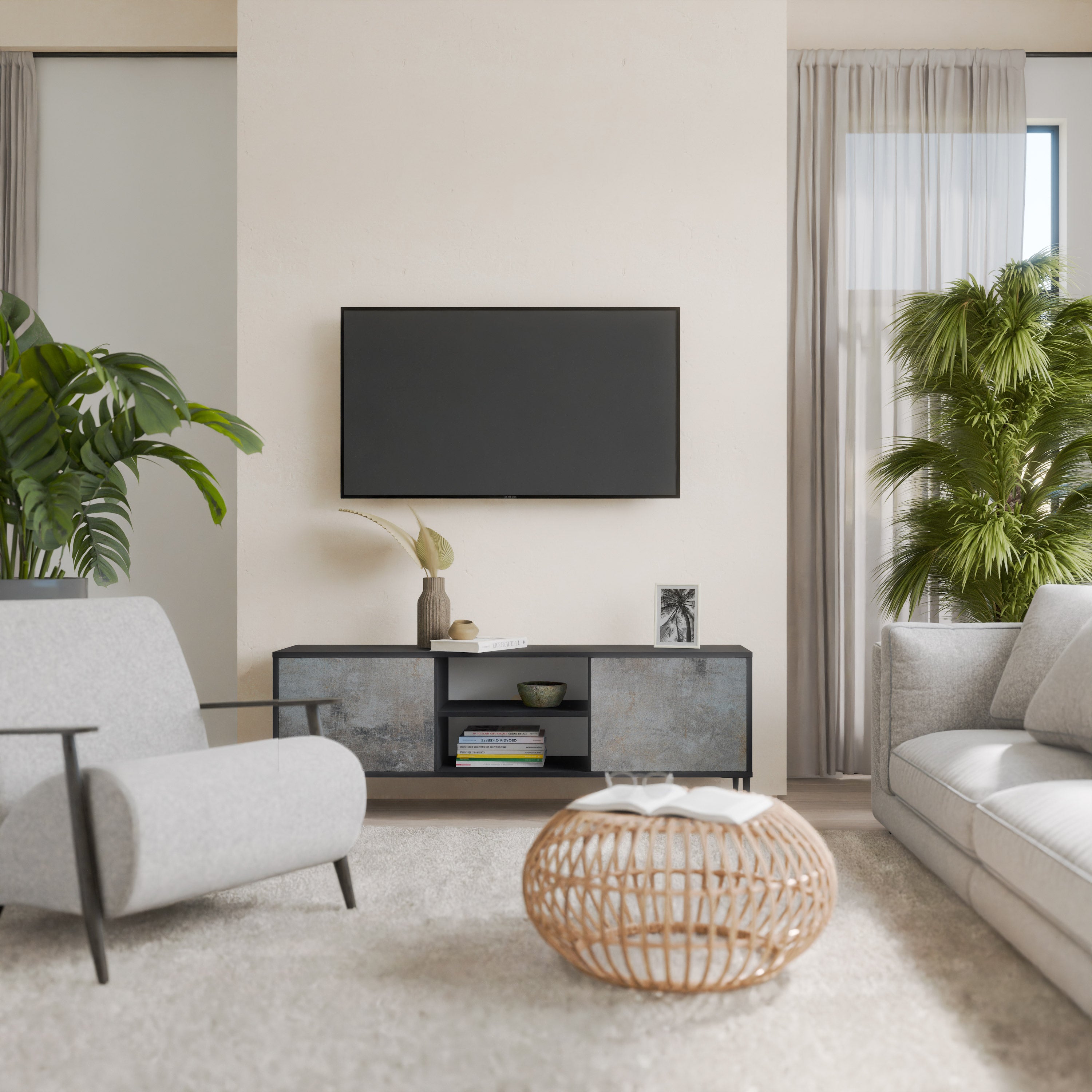Mueble de TV de 2 puertas CONCRETE WALL en acabado negro