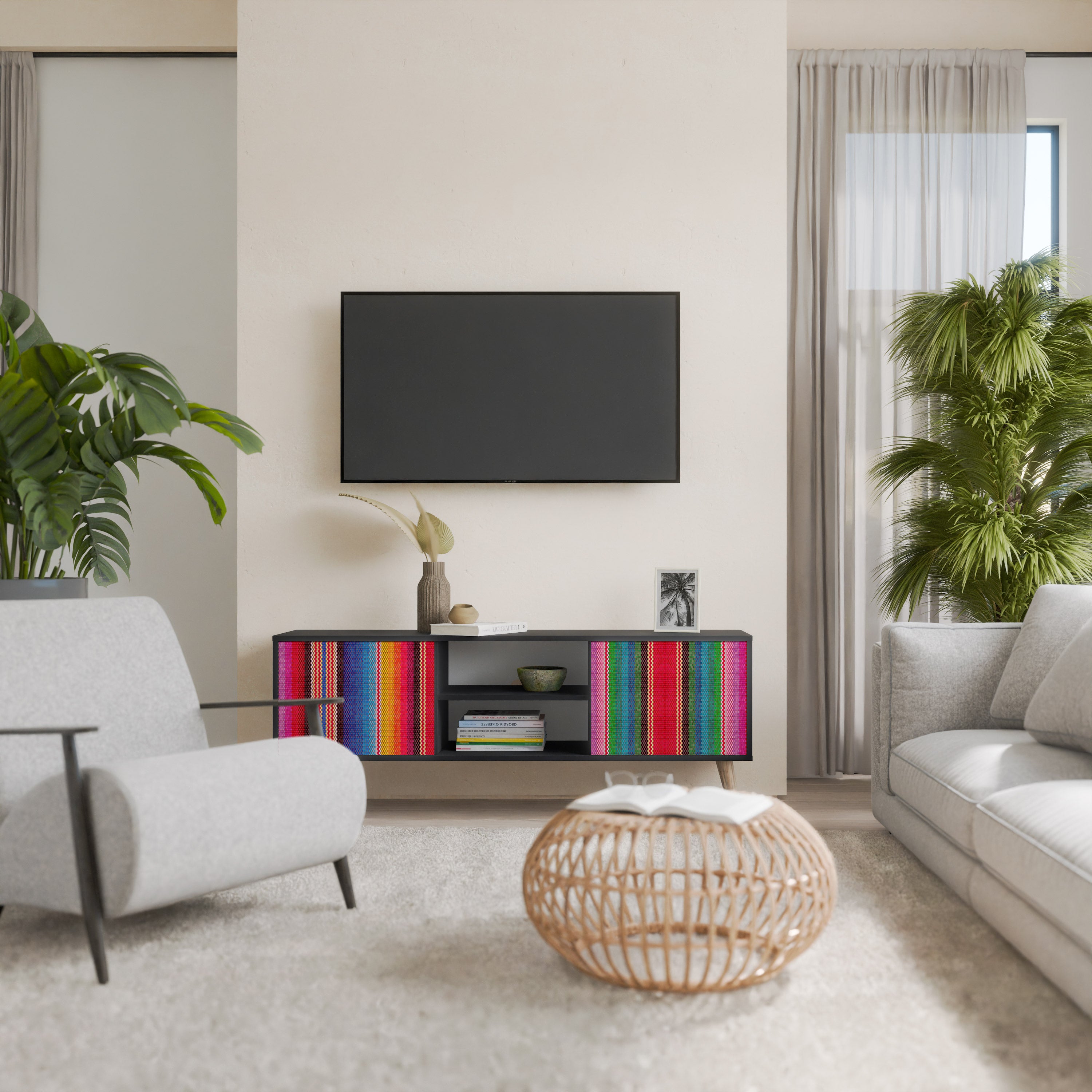 Mueble de TV ÉTNIC MEXICANO de 2 puertas con acabado negro