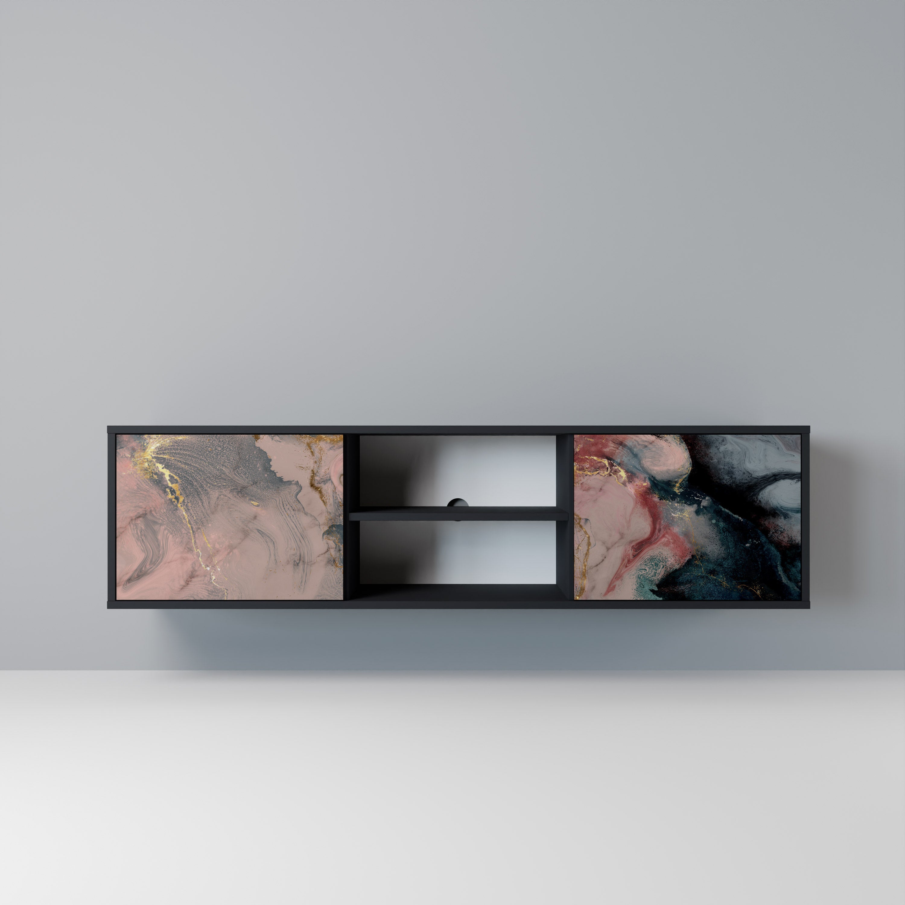 Mueble de TV de 2 puertas GILDED SWIRLS con acabado negro