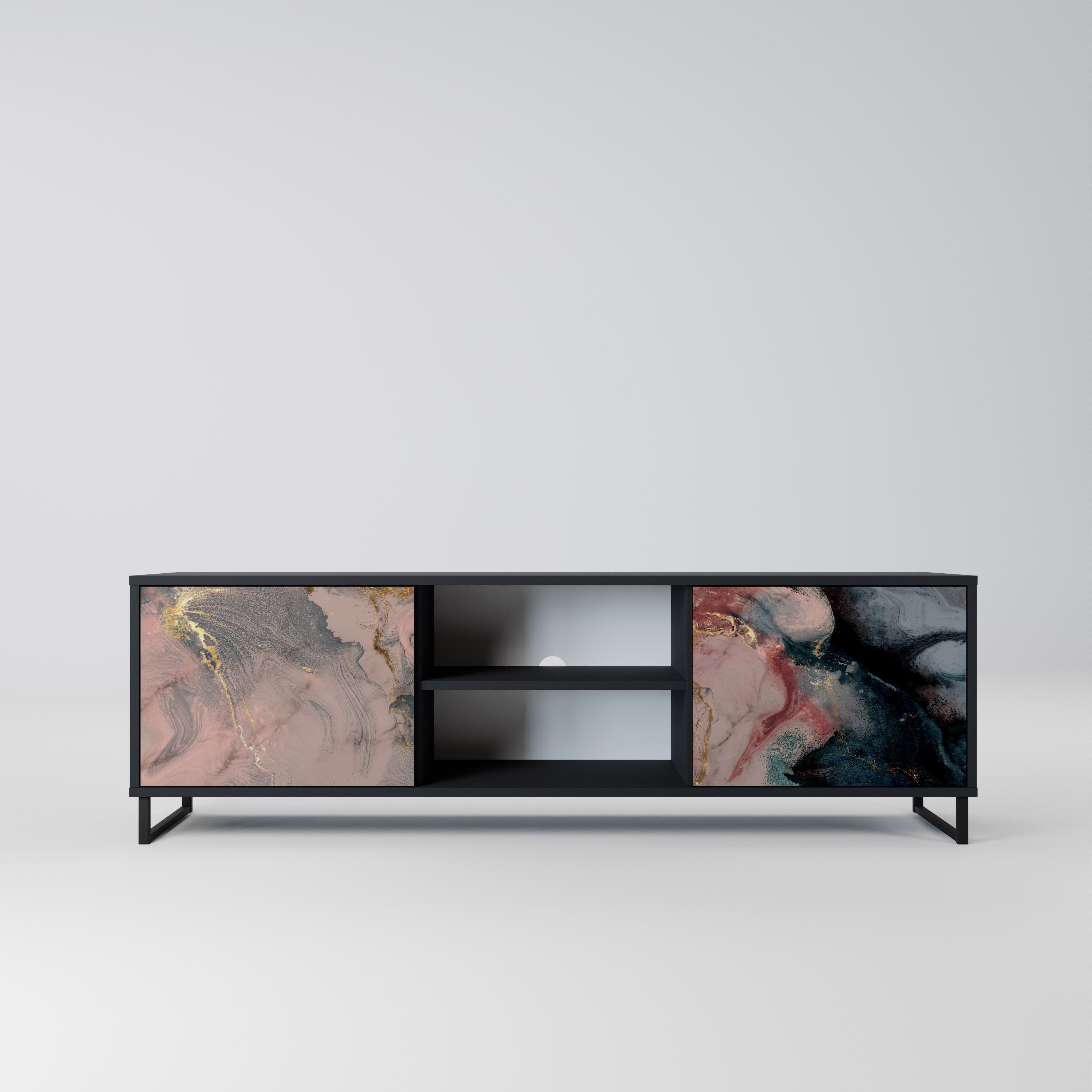 Mueble de TV de 2 puertas GILDED SWIRLS con acabado negro