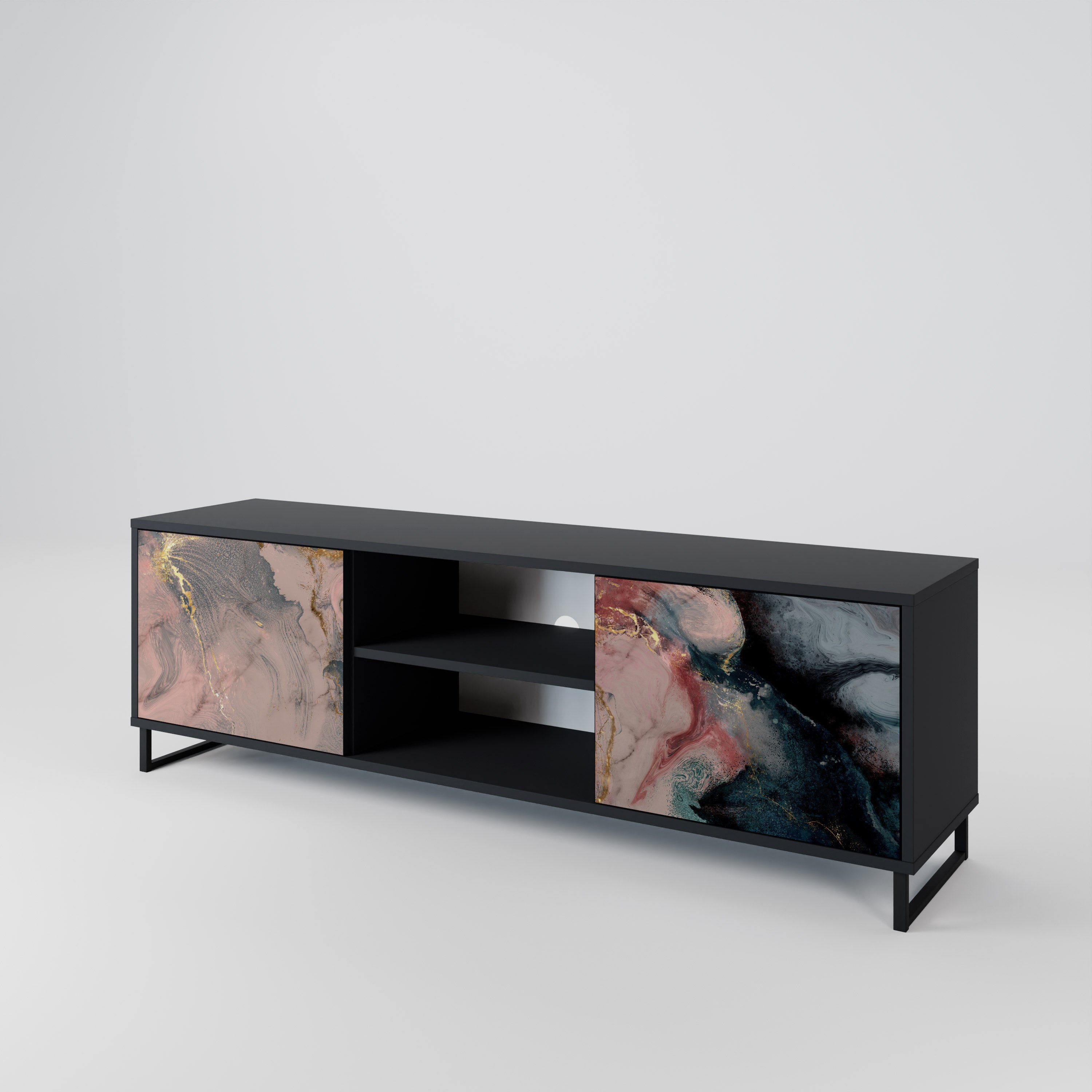 Mueble de TV de 2 puertas GILDED SWIRLS con acabado negro