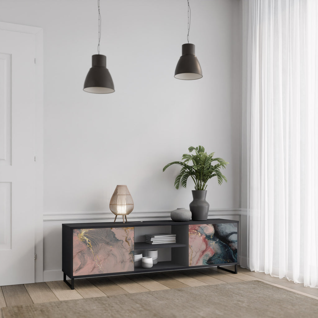Mueble de TV de 2 puertas GILDED SWIRLS con acabado negro