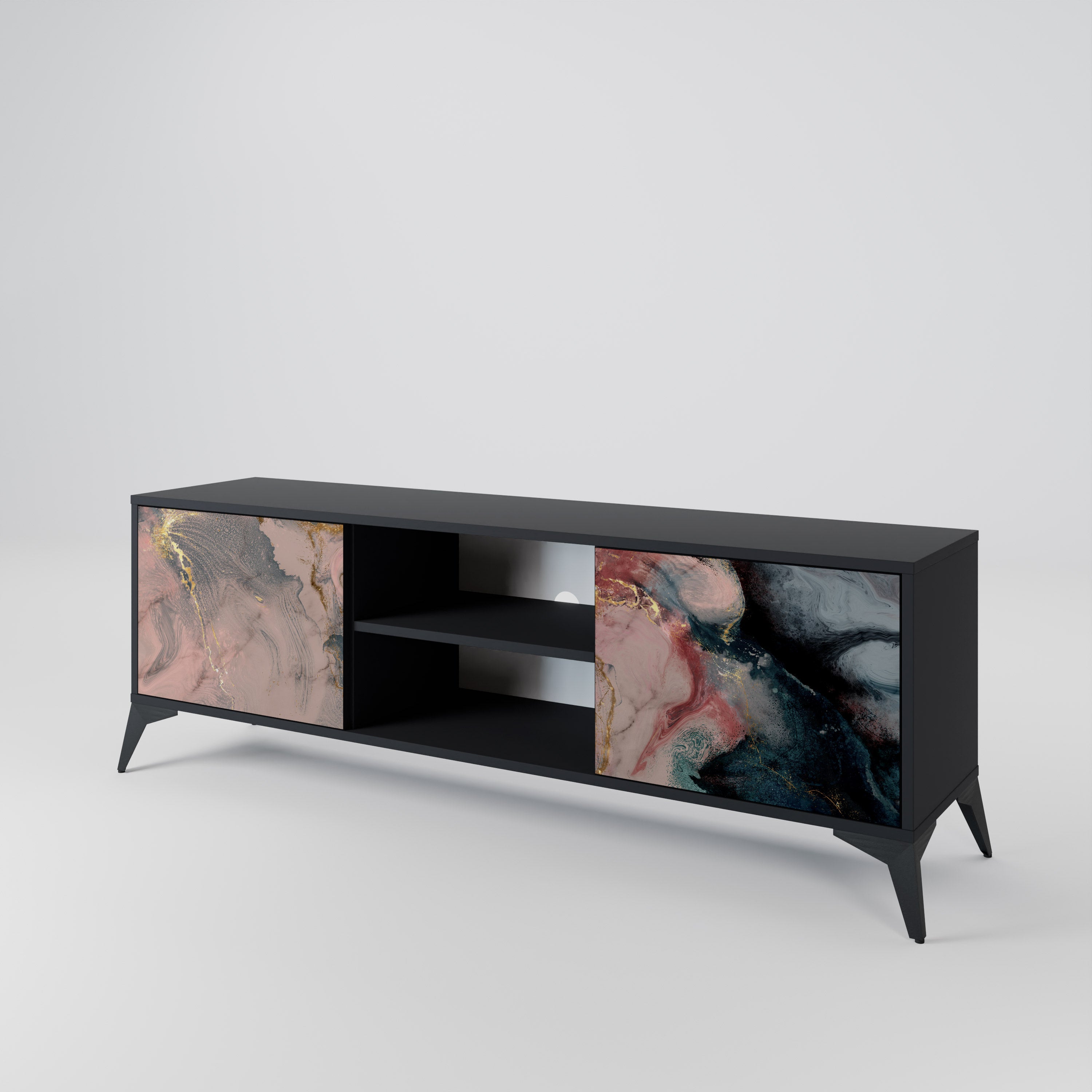 Mueble de TV de 2 puertas GILDED SWIRLS con acabado negro
