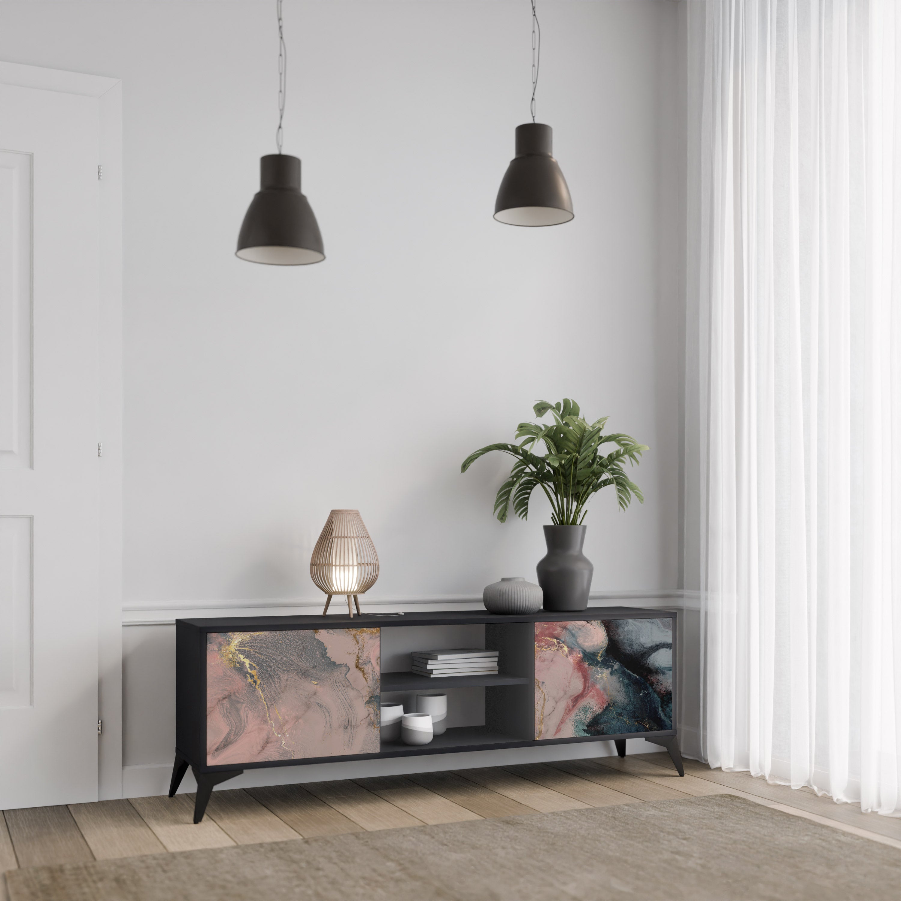 Mueble de TV de 2 puertas GILDED SWIRLS con acabado negro