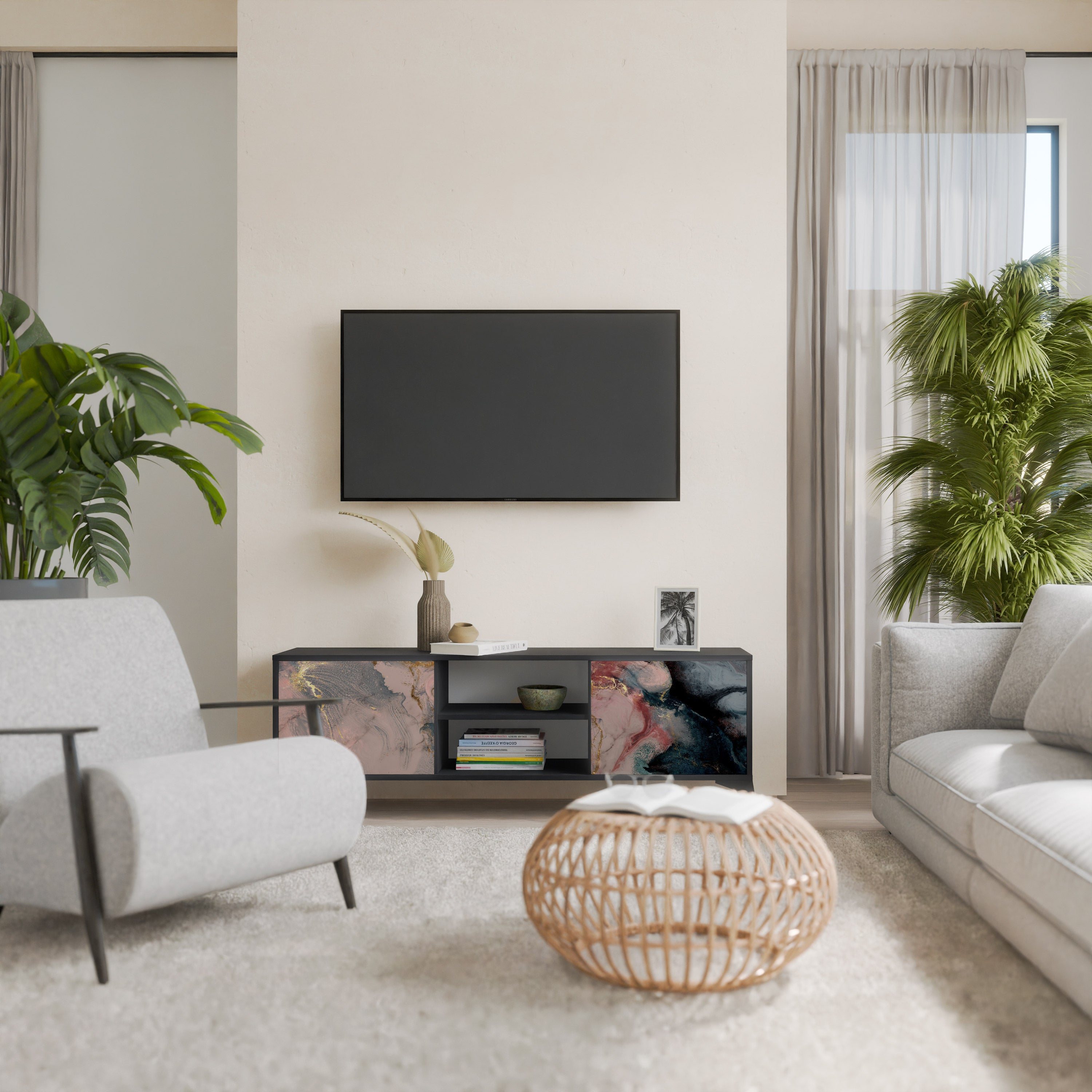 Mueble de TV de 2 puertas GILDED SWIRLS con acabado negro