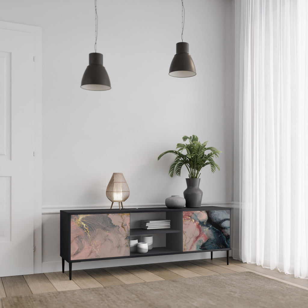 Mueble de TV de 2 puertas GILDED SWIRLS con acabado negro