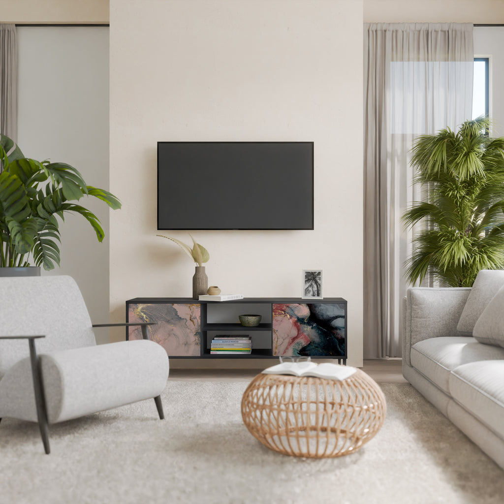 Mueble de TV de 2 puertas GILDED SWIRLS con acabado negro