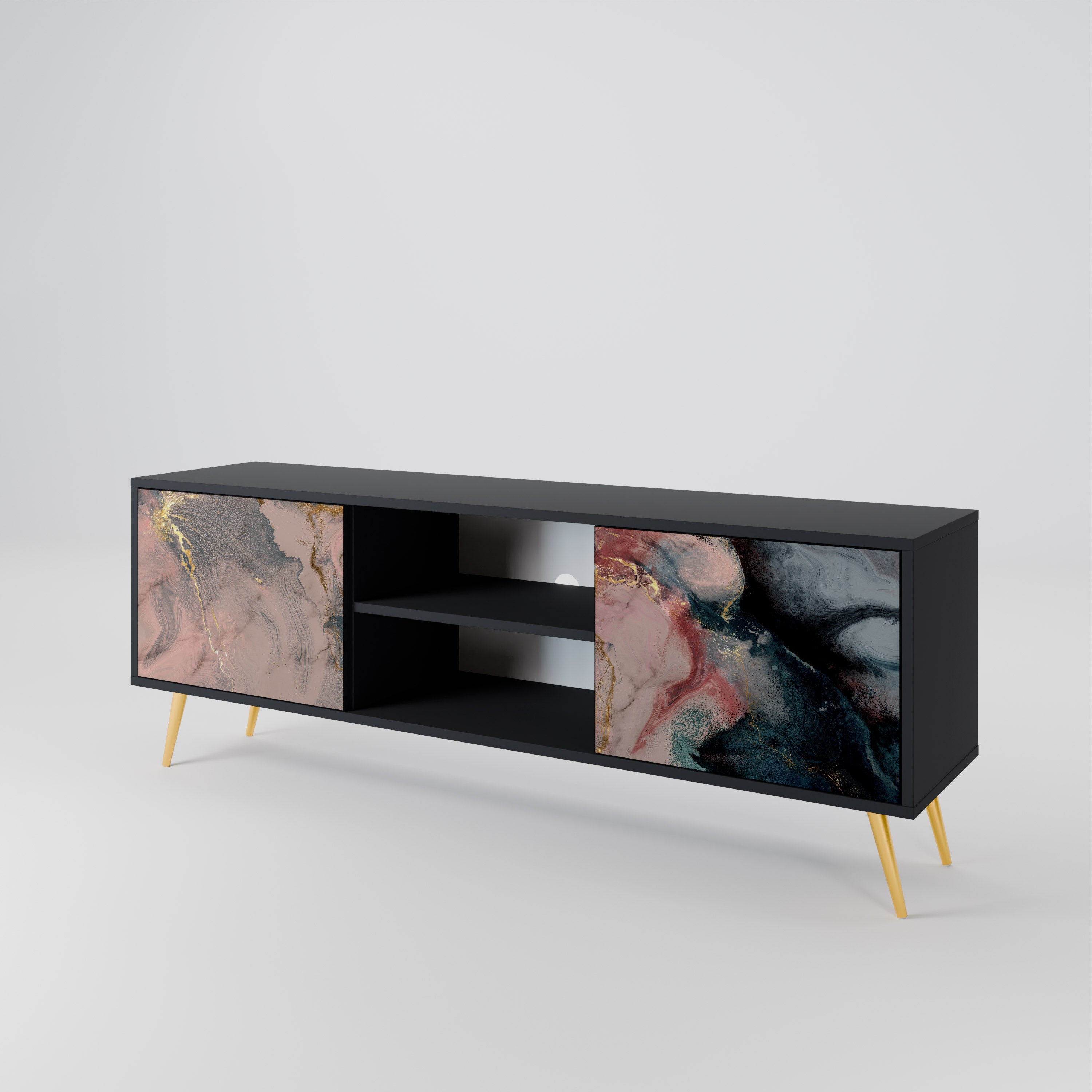Mueble de TV de 2 puertas GILDED SWIRLS con acabado negro