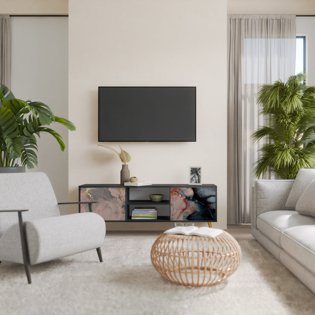 Mueble de TV de 2 puertas GILDED SWIRLS con acabado negro