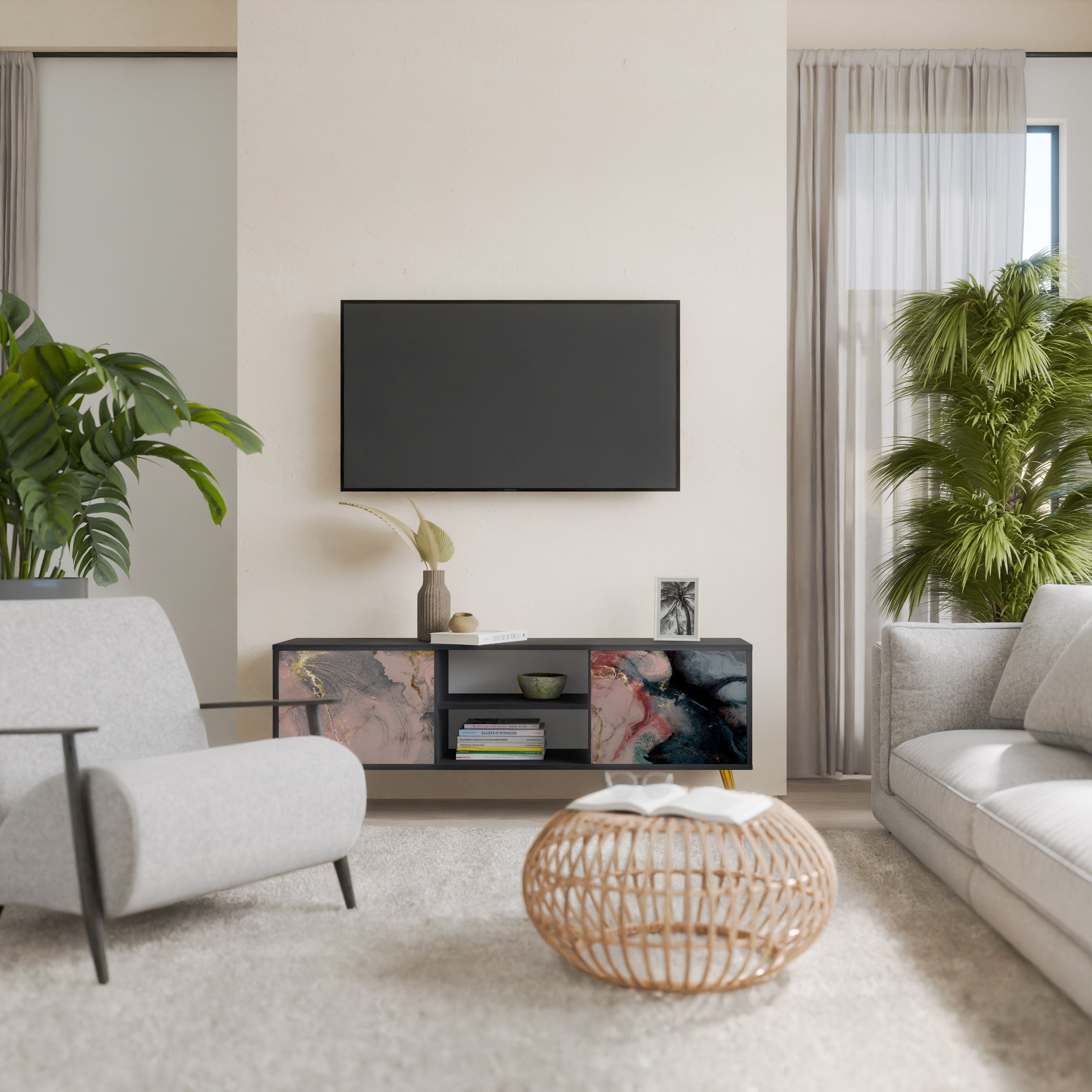 Mueble de TV de 2 puertas GILDED SWIRLS con acabado negro