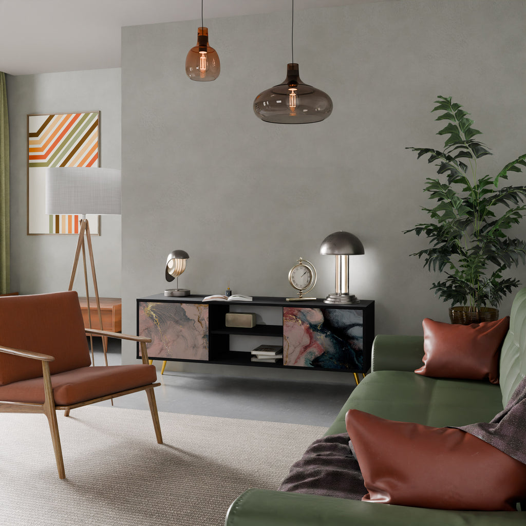 Mueble de TV de 2 puertas GILDED SWIRLS con acabado negro