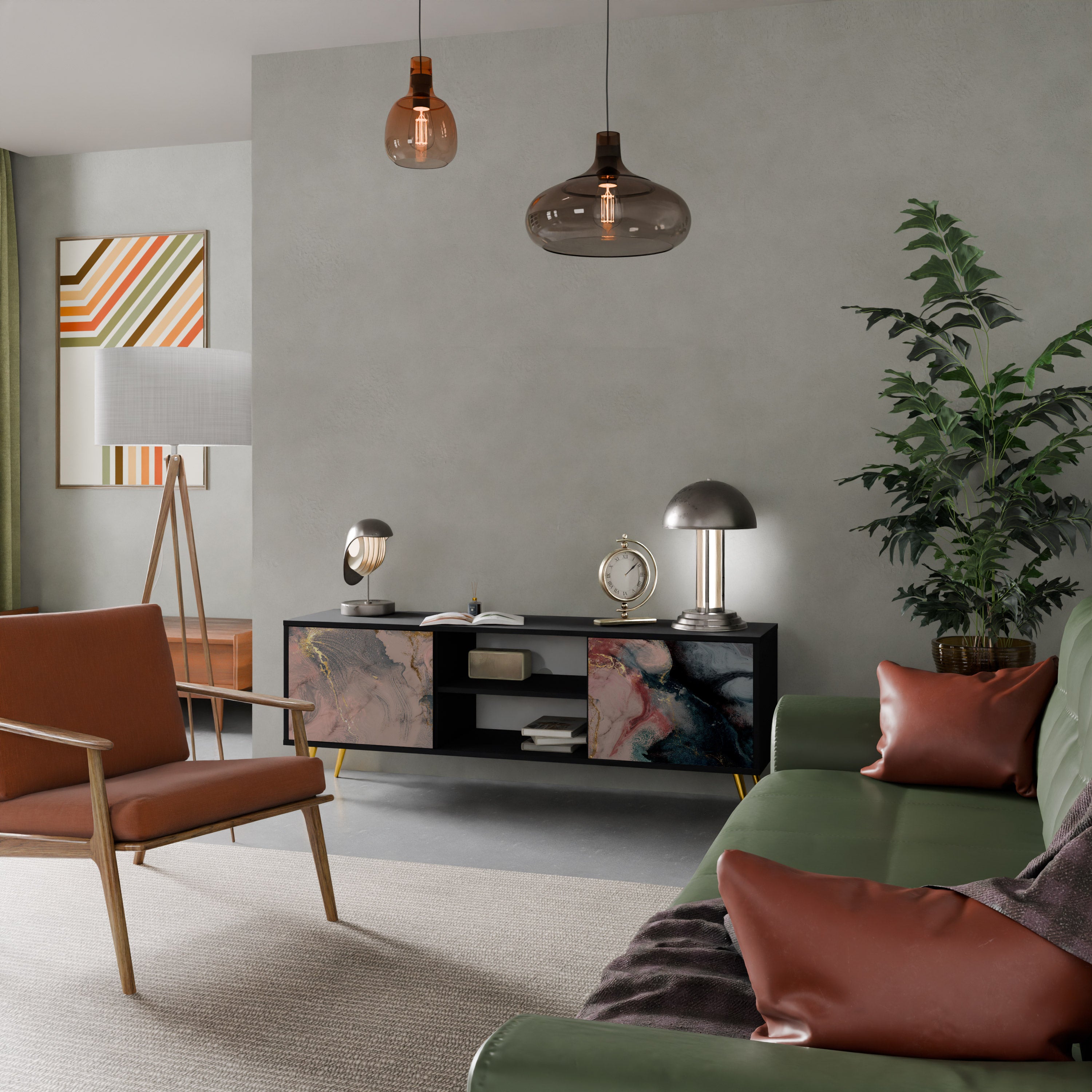 Mueble de TV de 2 puertas GILDED SWIRLS con acabado negro