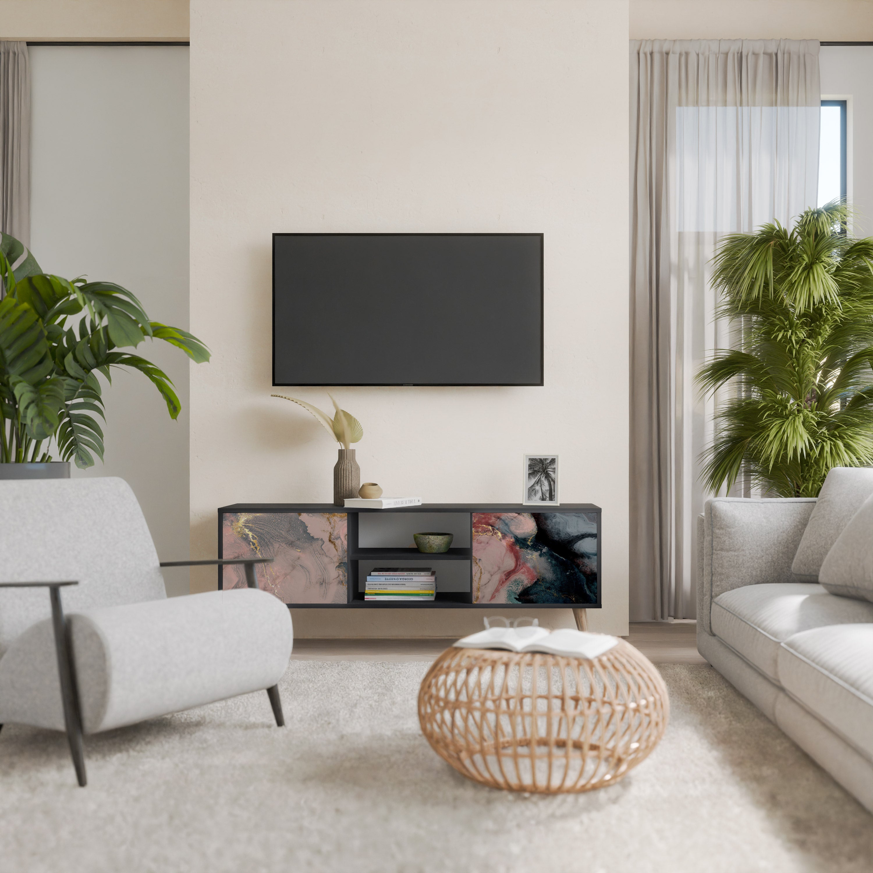 Mueble de TV de 2 puertas GILDED SWIRLS con acabado negro