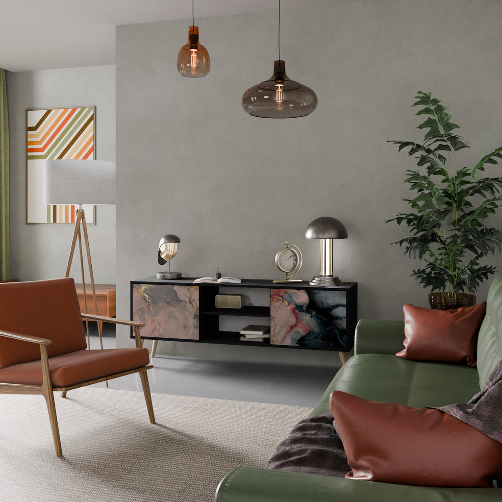 Mueble de TV de 2 puertas GILDED SWIRLS con acabado negro