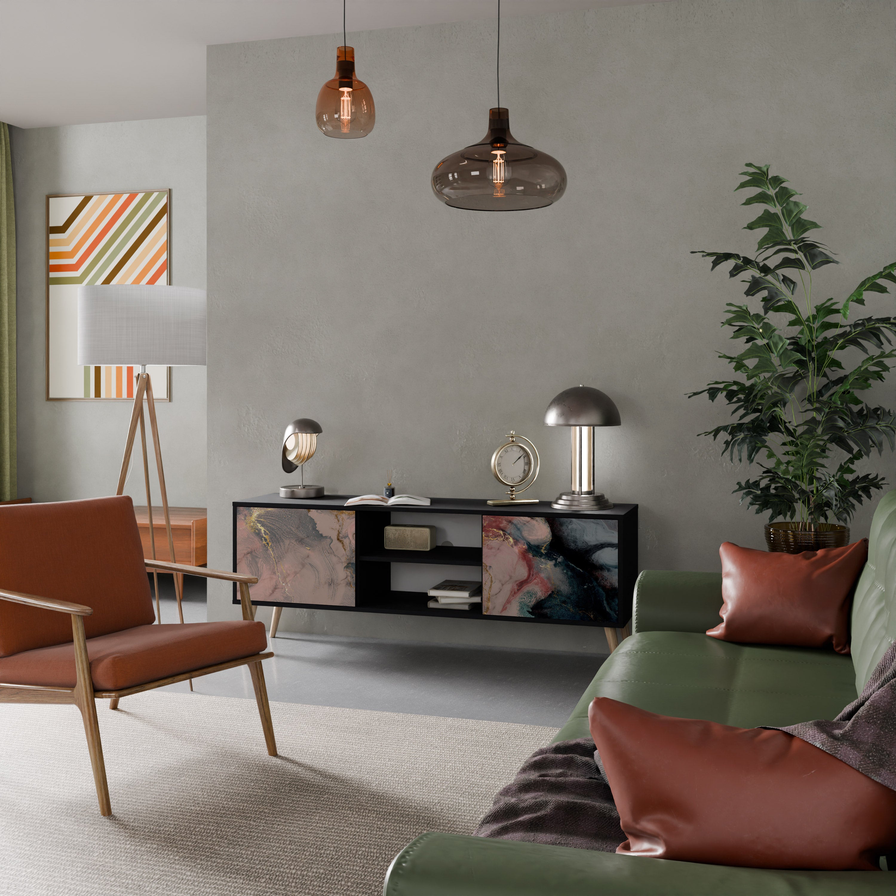 Mueble de TV de 2 puertas GILDED SWIRLS con acabado negro