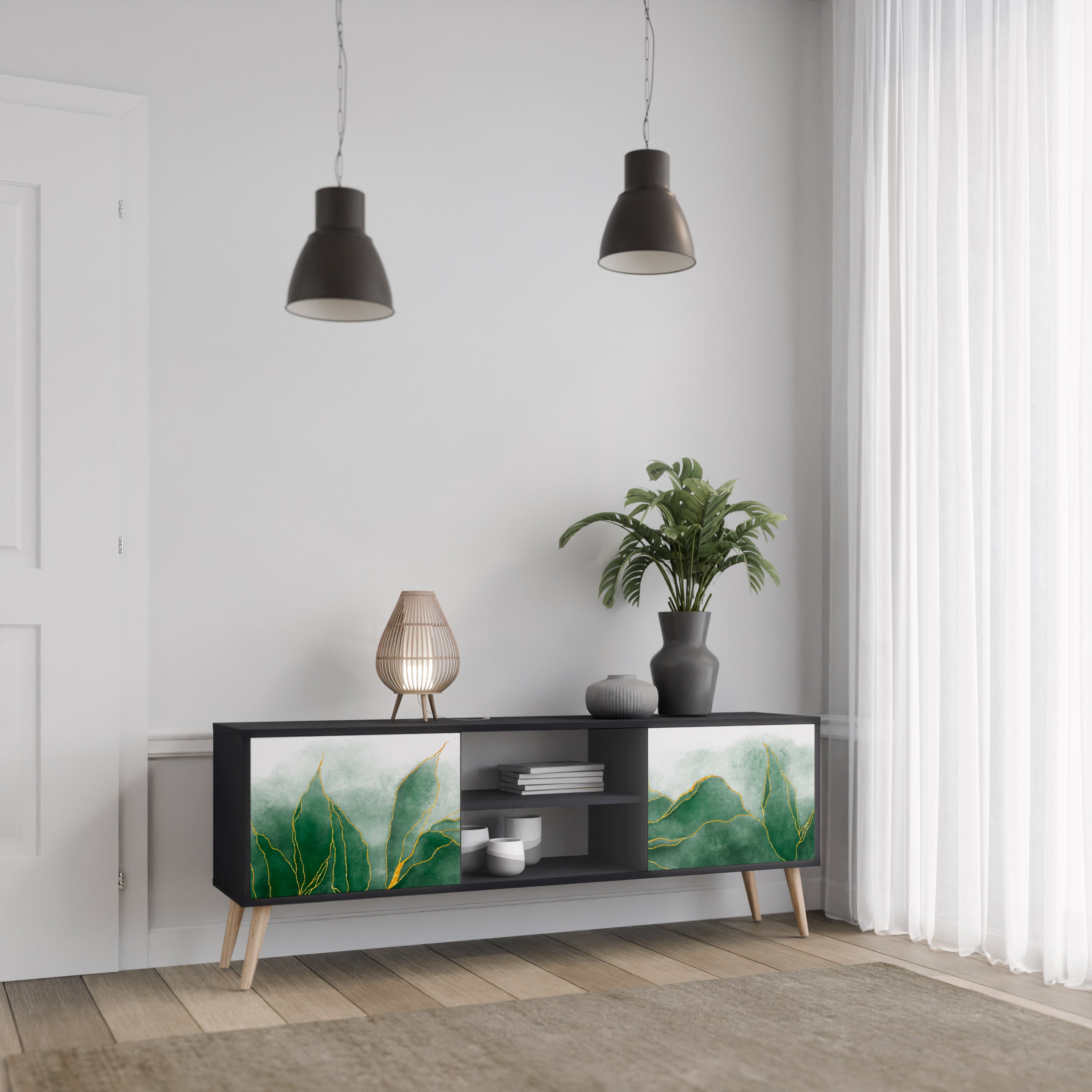 EXPENSIVE NATURE Mueble de TV de 2 puertas con acabado negro